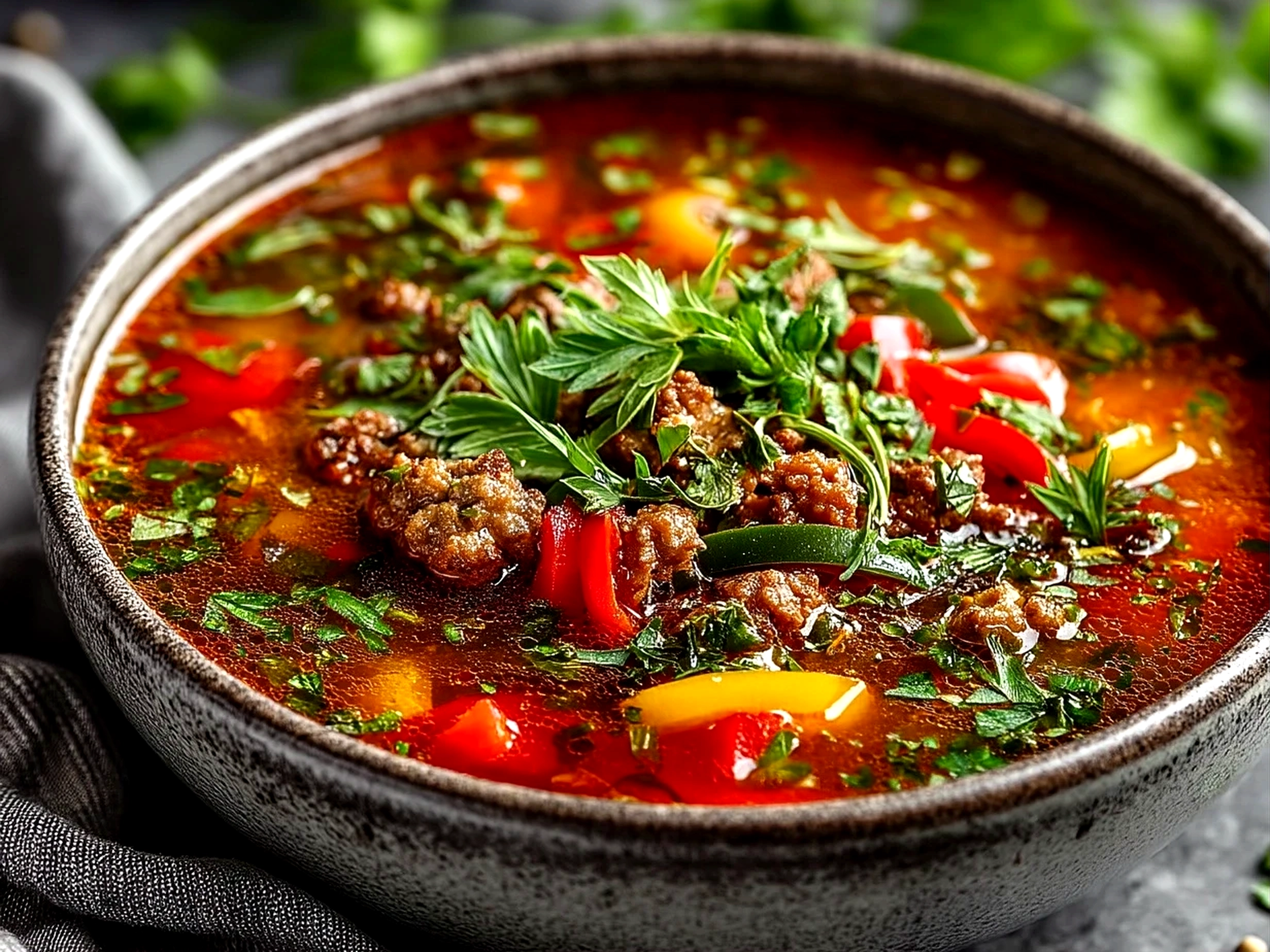 Delicious Stuffed Pepper Soup in a Rustic Bowl