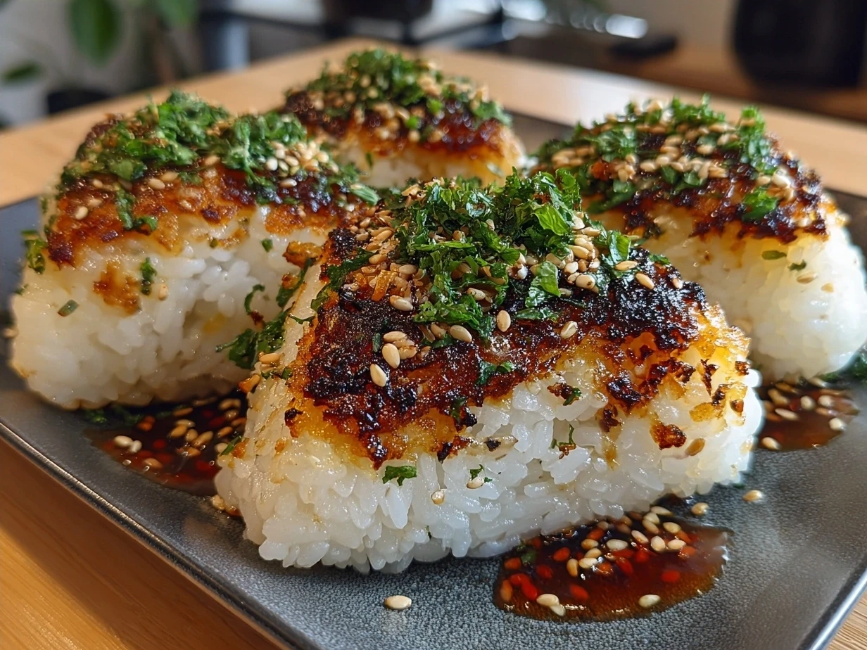 Warm Easy Yaki Onigiri served on a plate with sesame seeds and furikake seasoning