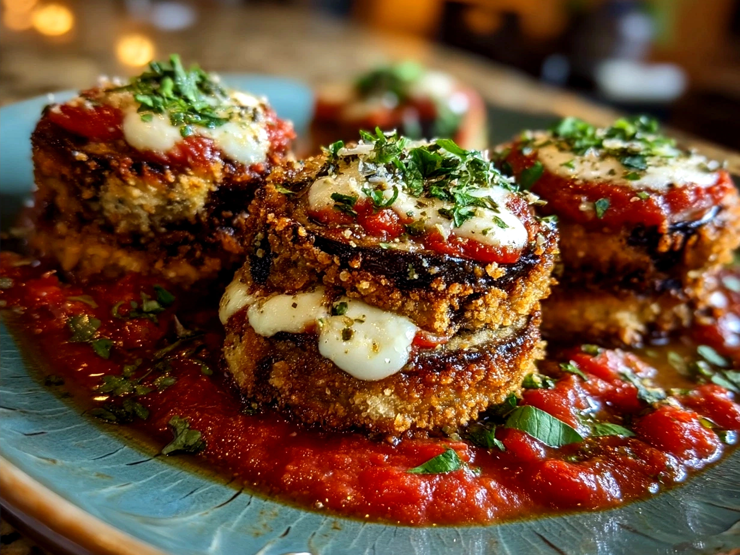 Served Eggplant Parmesan Stacks garnished with fresh basil and melted cheese