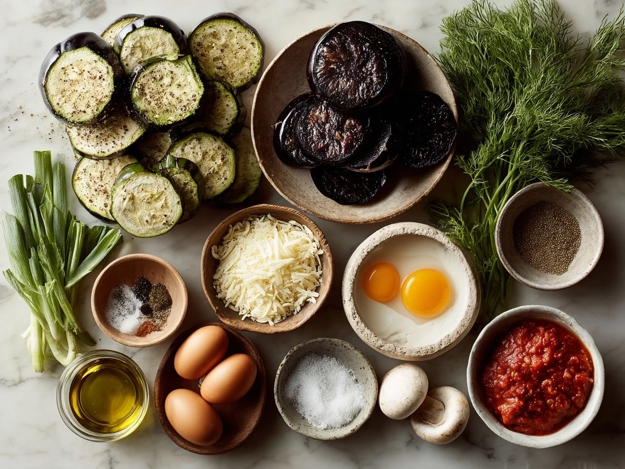 Ingredients for Eggplant Parmesan Stacks including eggplants, cheese, marinara and more