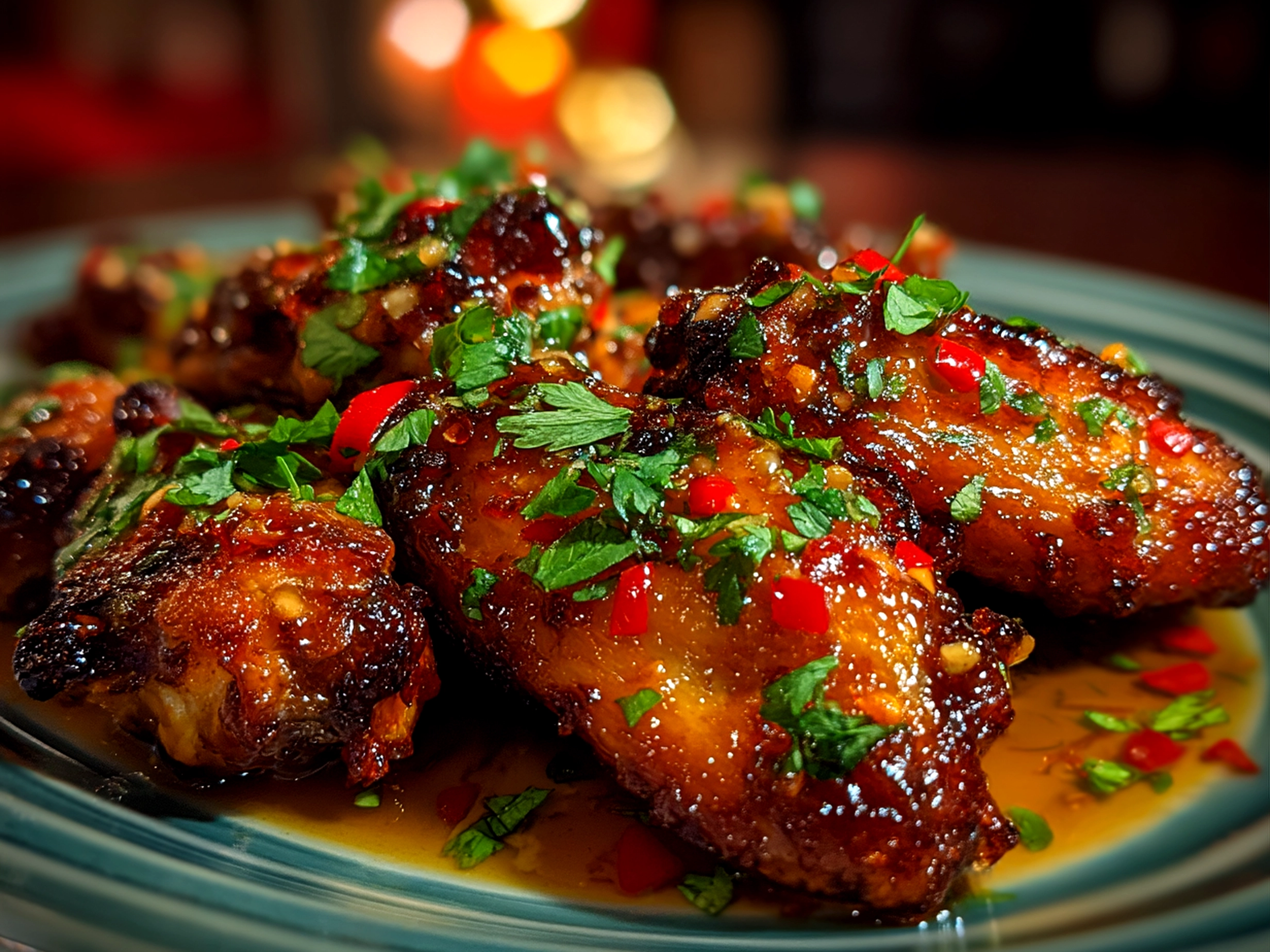Close-up of finished baked sweet chili wings with sticky glaze ready to serve