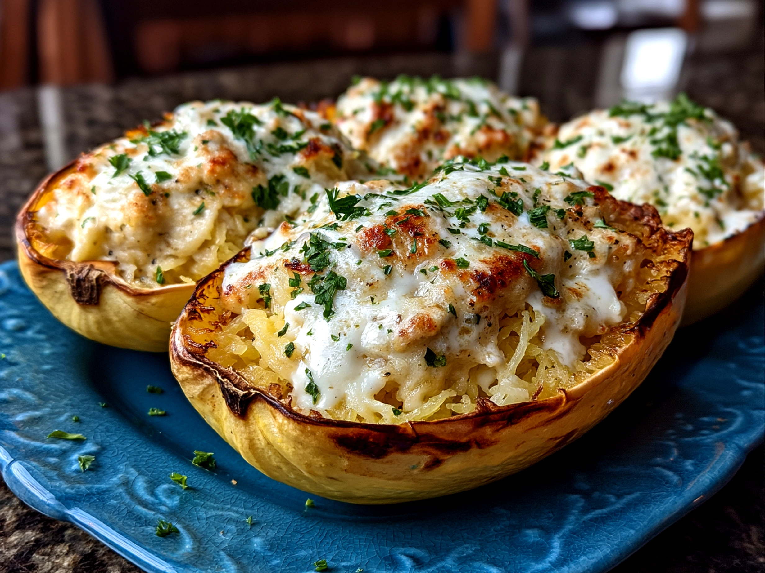 Finished creamy and comforting Spaghetti Squash Alfredo Boats close up