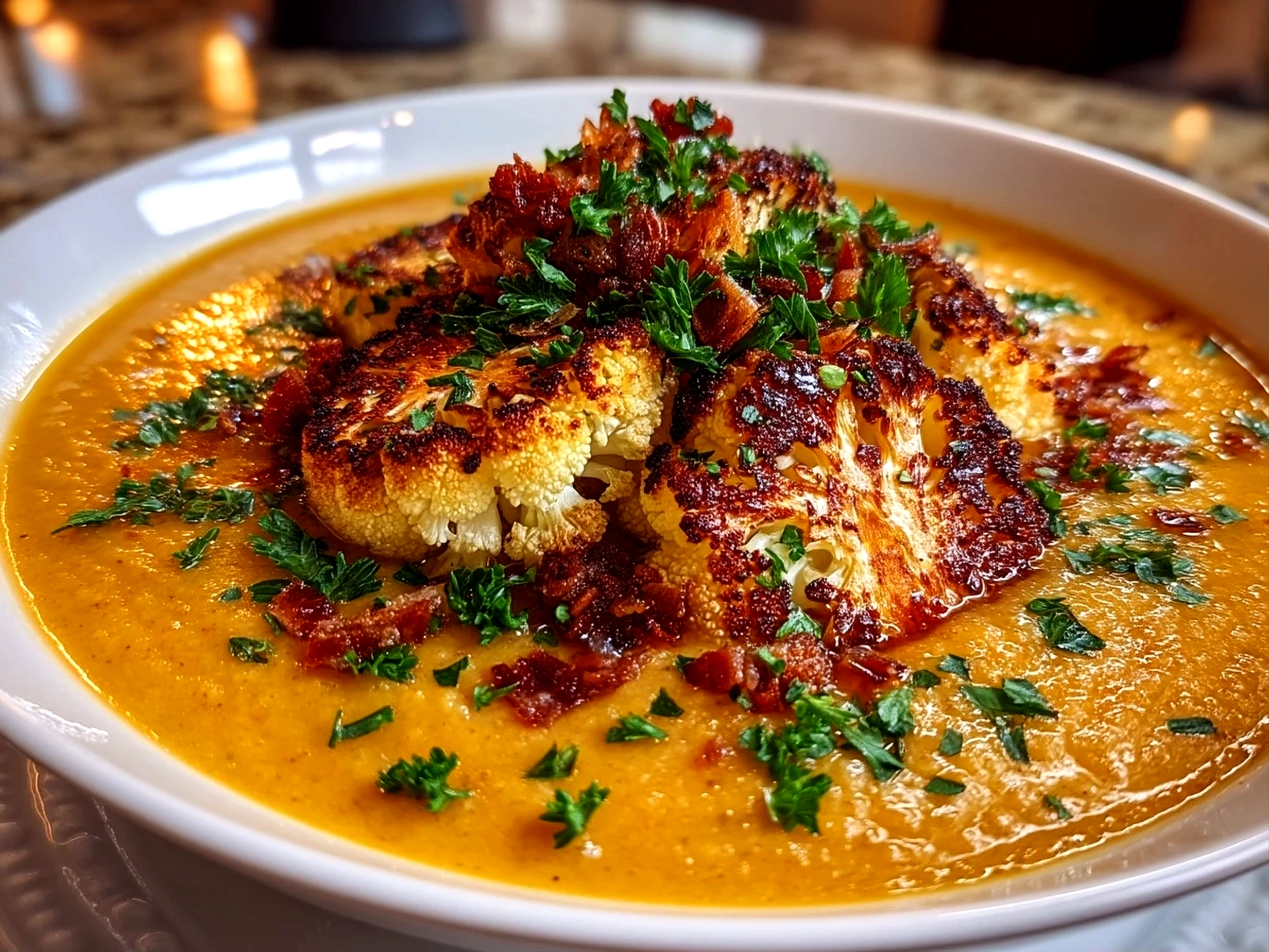 Close up of finished creamy roasted cauliflower soup