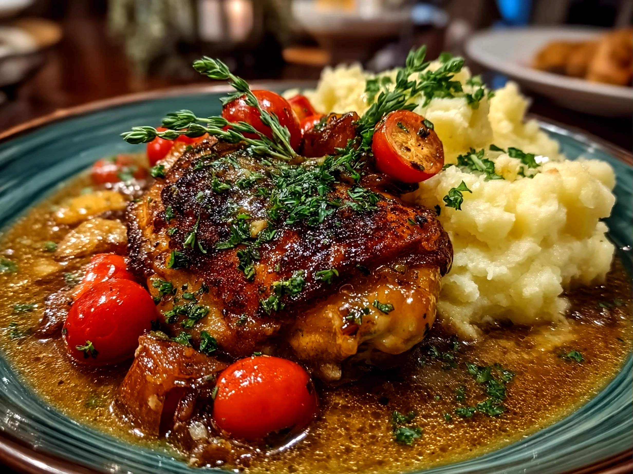 Close up of finished Crock Pot Angel Chicken served on a plate