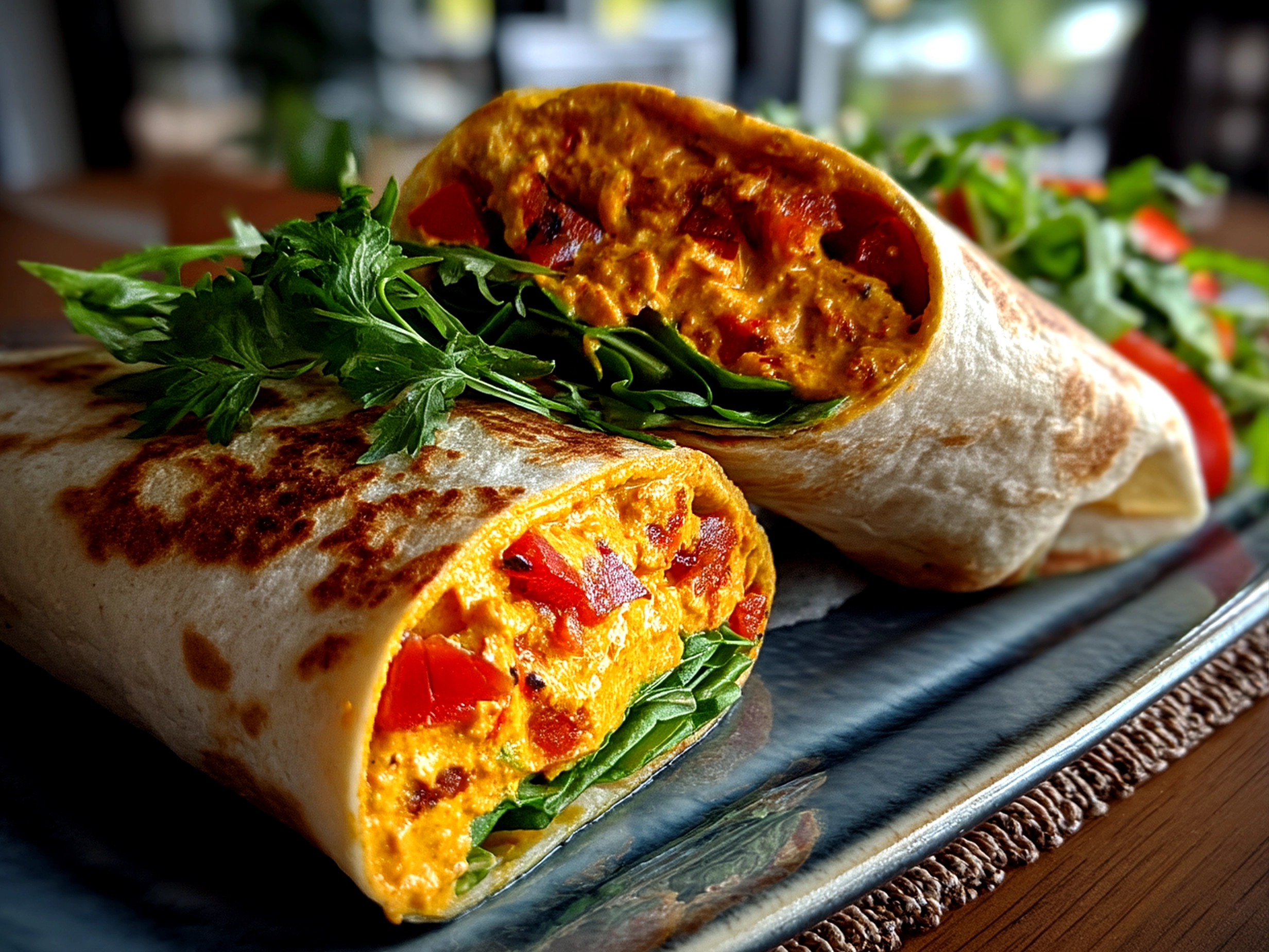 Close-up of finished Roasted Red Pepper Hummus Wraps served on a plate with fresh greens