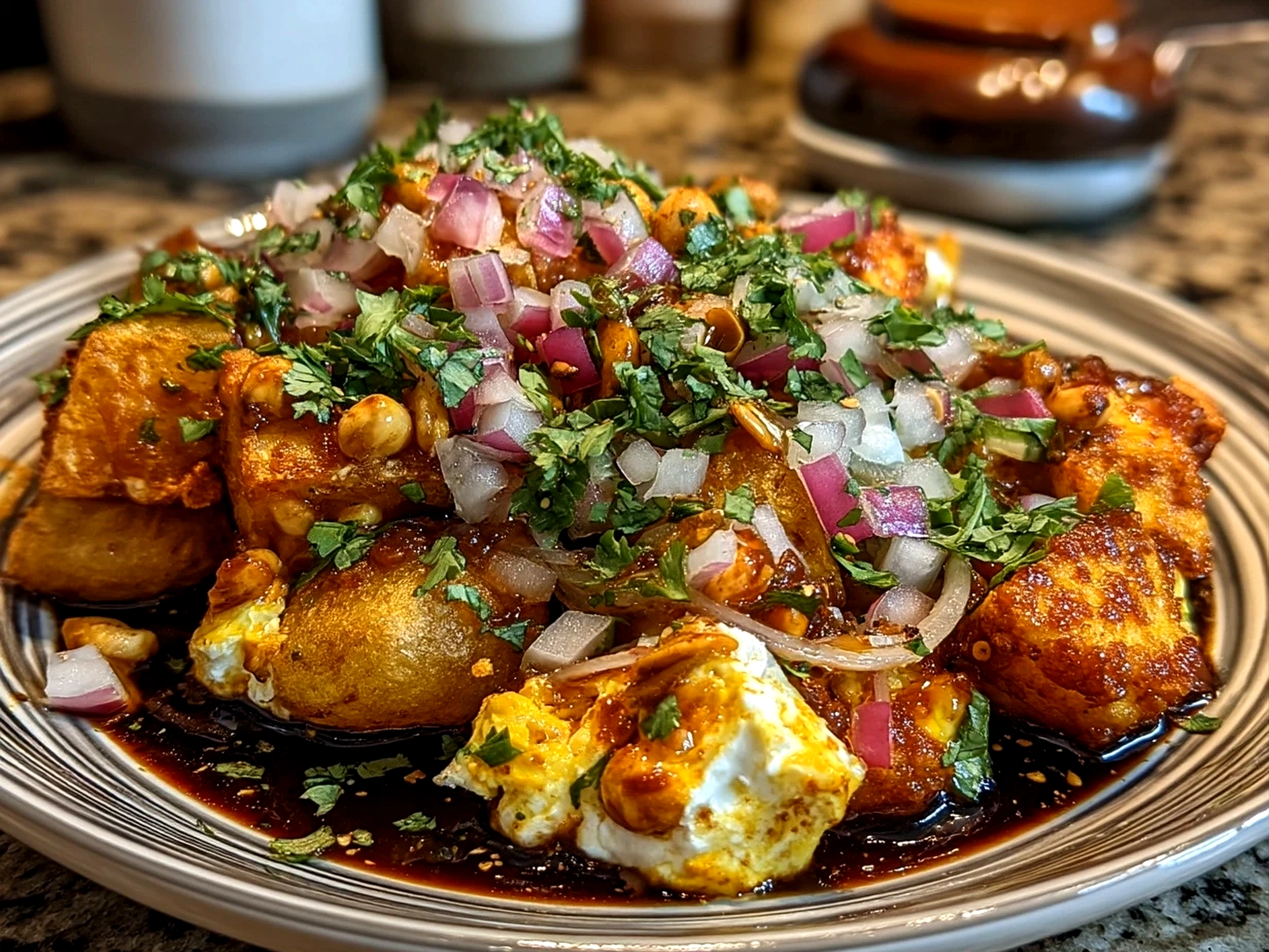 Close up of finished Street-Style Peanut Cheese Chaat served in a bowl with fresh coriander garnish