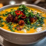 Food blogger, iPhone 14 Pro. Close-up slight angle of homemade roasted cauliflower curry soup on white plate. Fresh vibrant --ar 4:3 --style raw --s 215