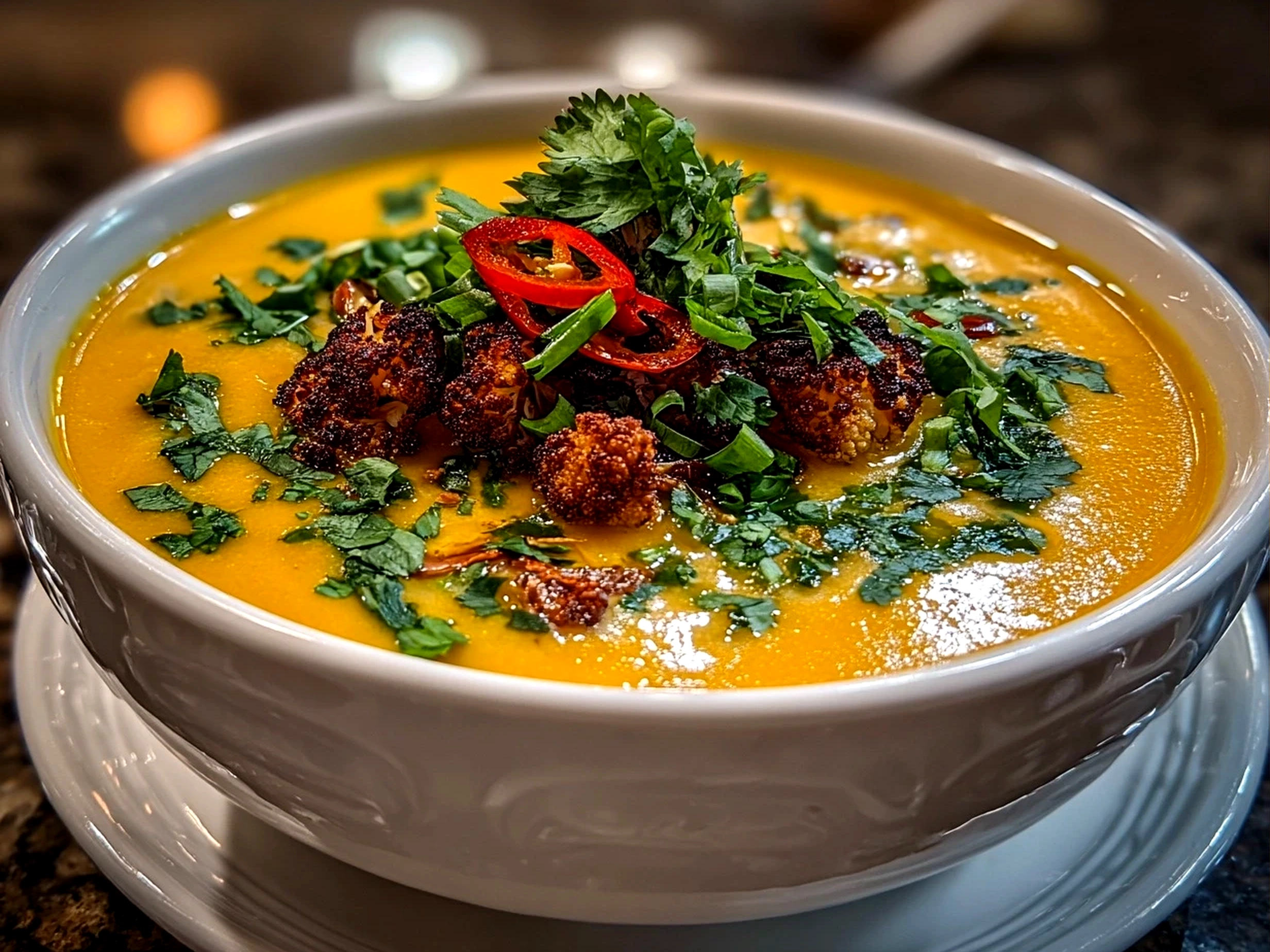 Food blogger, iPhone 14 Pro. Close-up slight angle of homemade roasted cauliflower curry soup on white plate. Fresh vibrant --ar 4:3 --style raw --s 215