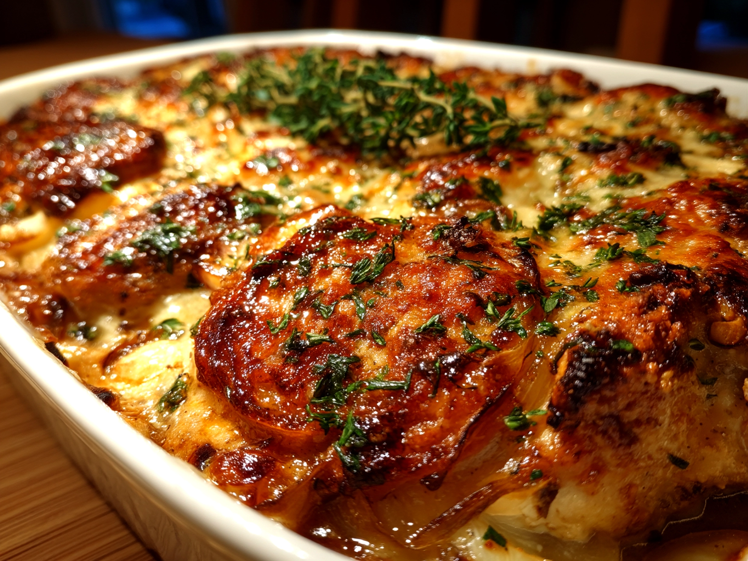 Plated French Onion Chicken Bake served with a green salad