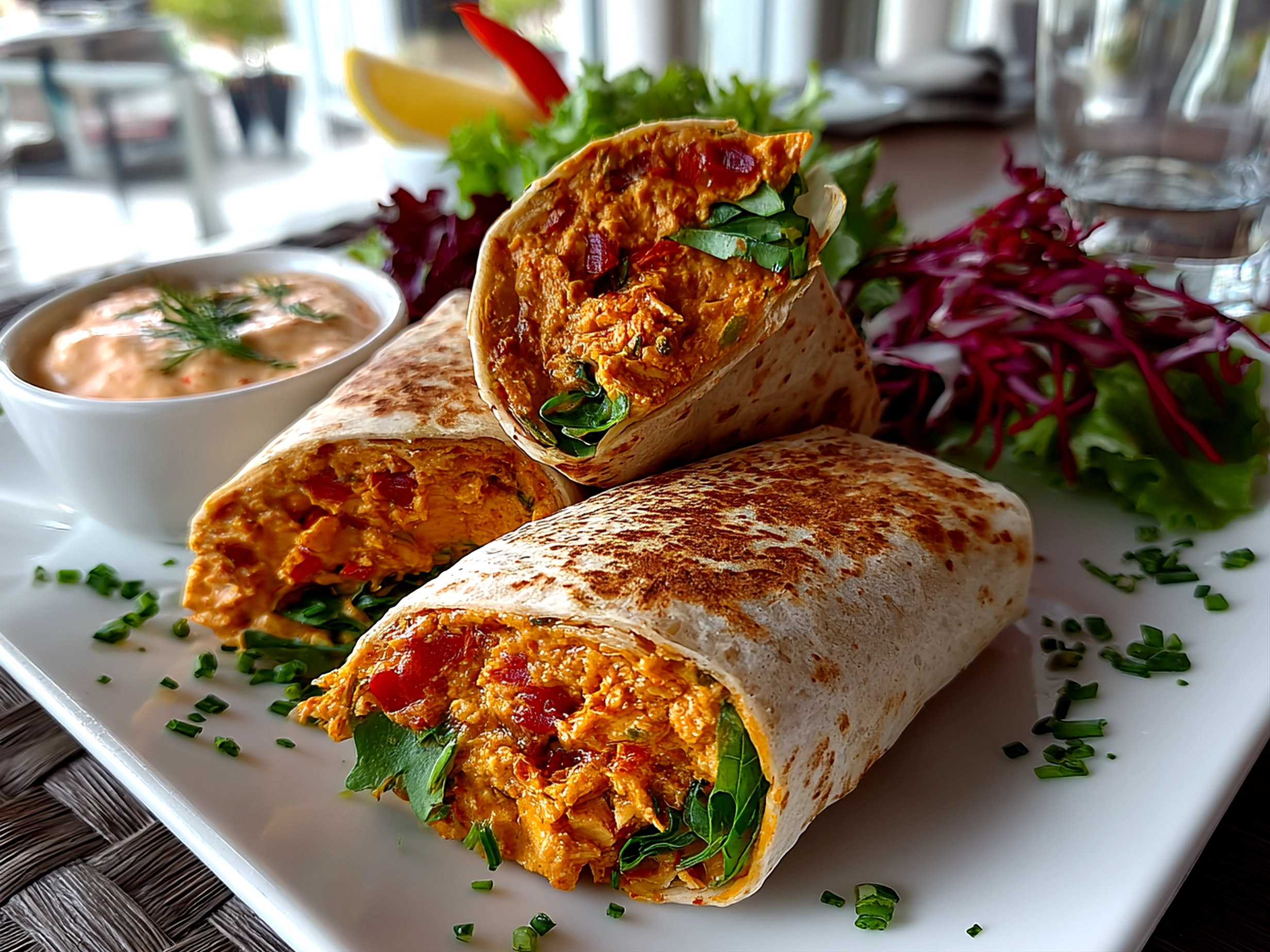 Fresh homemade Roasted Red Pepper Hummus Wraps