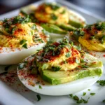 Freshly prepared avocado deviled eggs on white plate