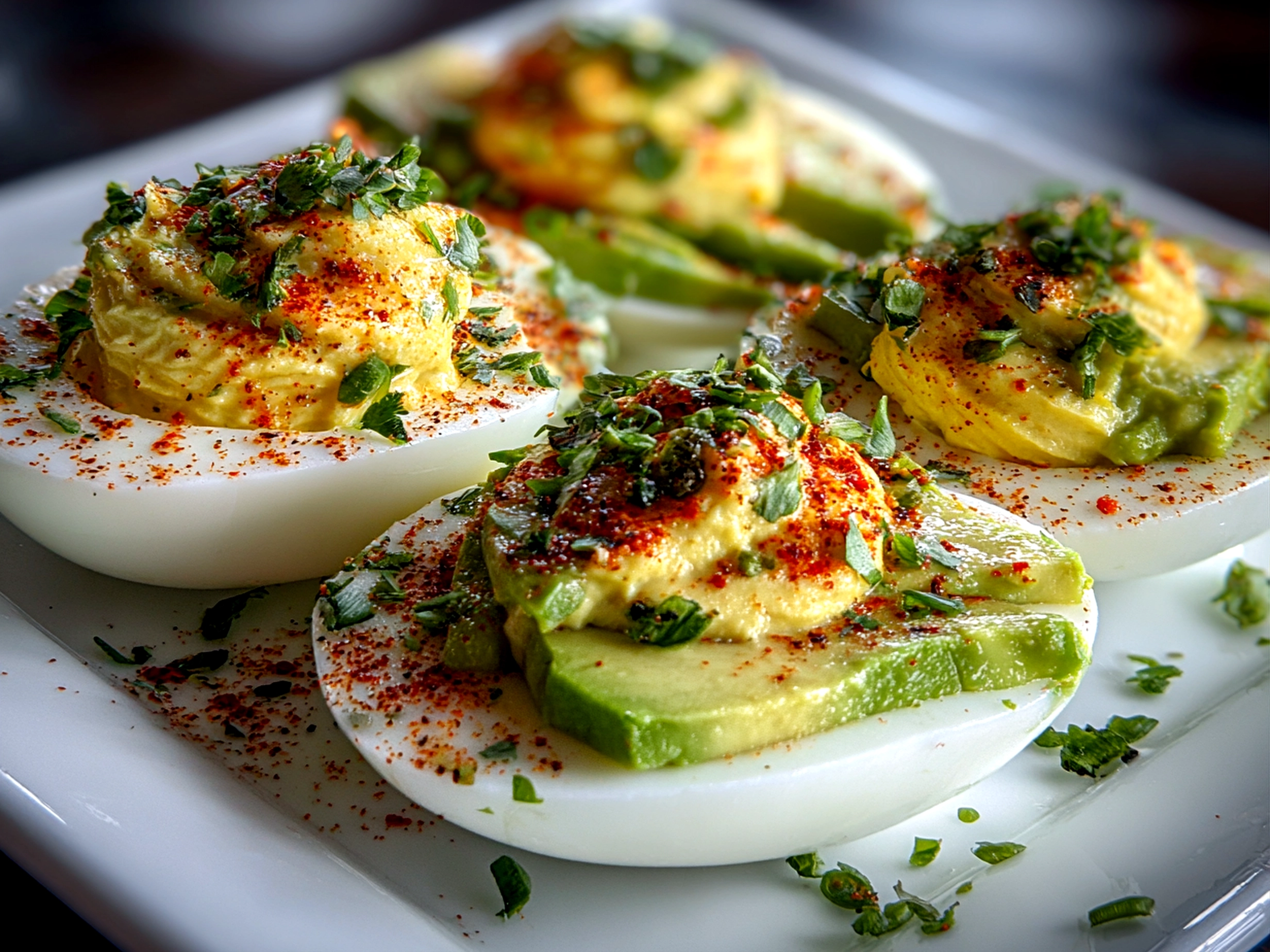 Freshly prepared avocado deviled eggs on white plate