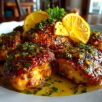 Freshly prepared citrus chicken thighs plated