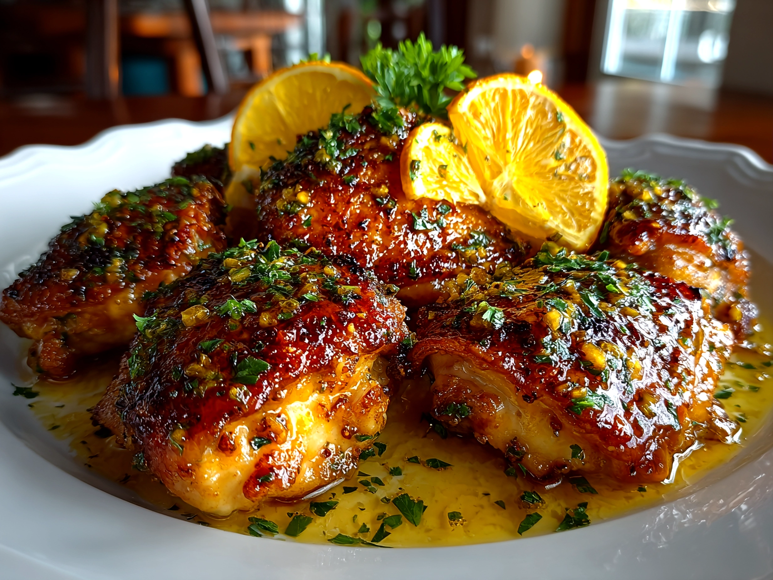Freshly prepared citrus chicken thighs plated
