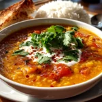 Freshly prepared Coconut Curry Lentil Soup on white plate