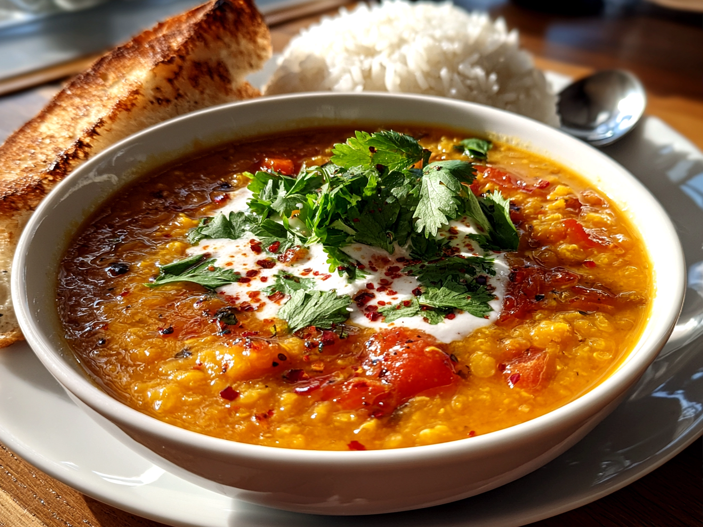 Freshly prepared Coconut Curry Lentil Soup on white plate