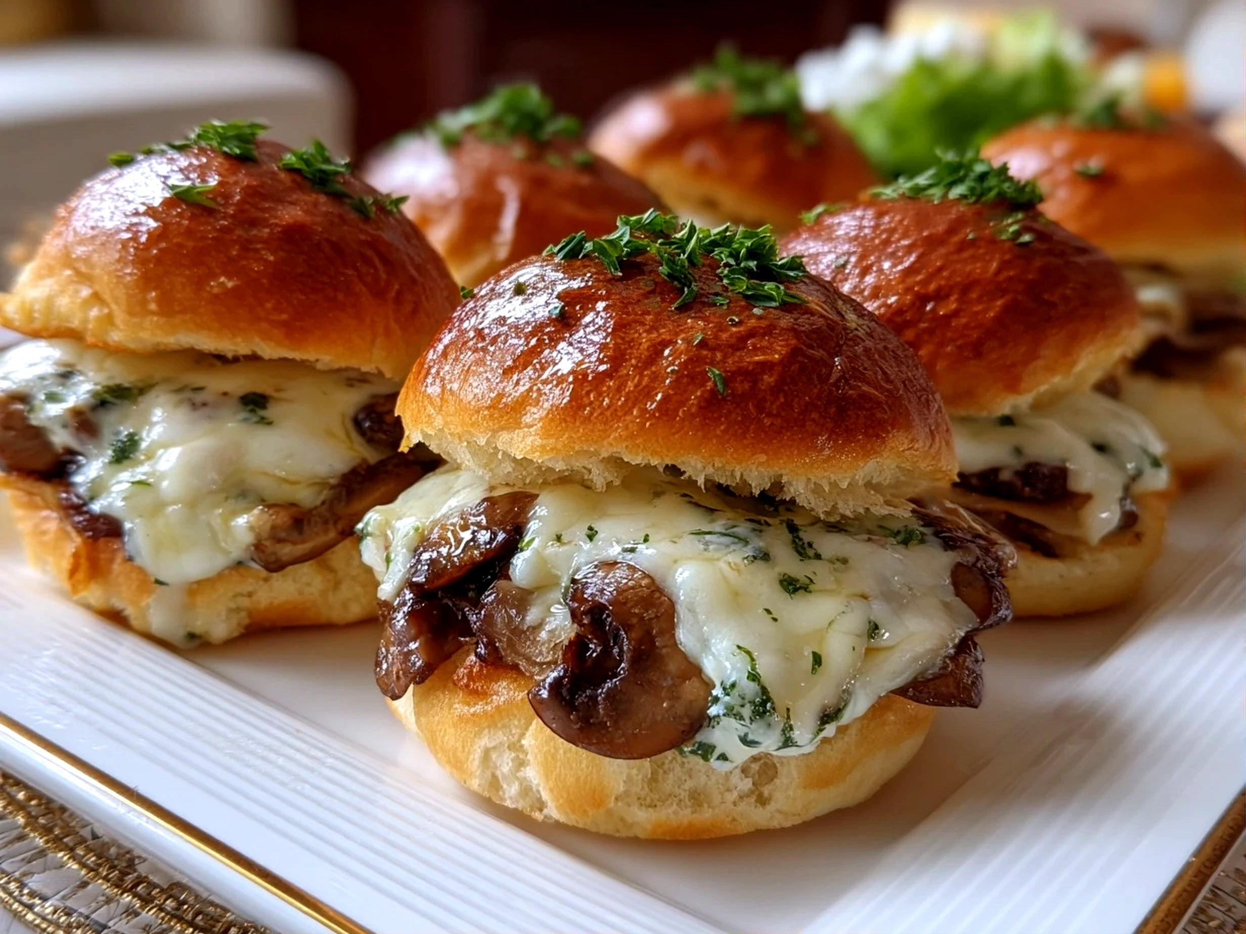 Freshly prepared mini mushroom Swiss sliders on white plate