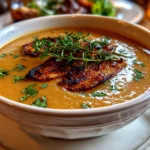 Freshly prepared roasted parsnip soup with thyme