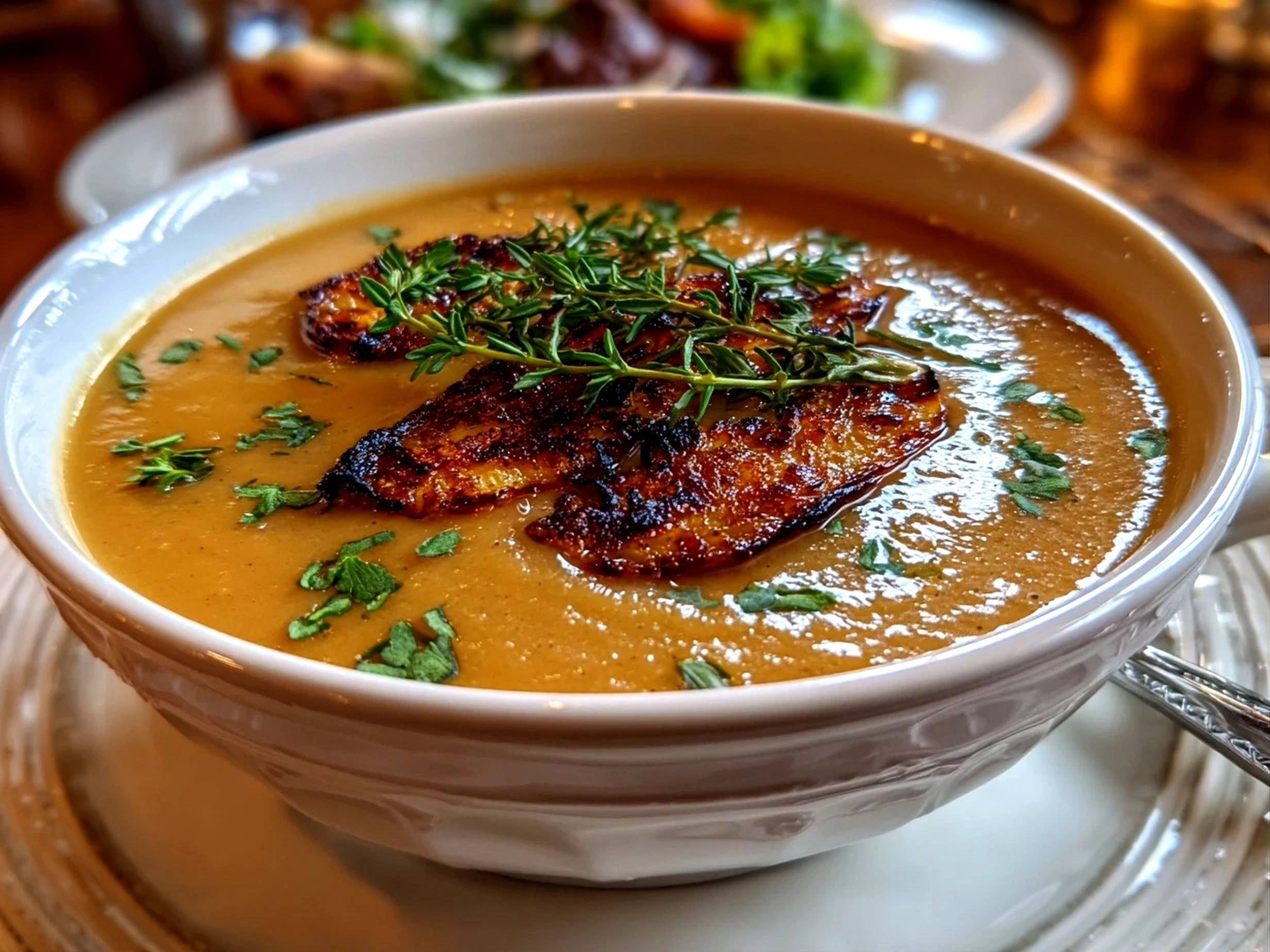 Freshly prepared roasted parsnip soup with thyme