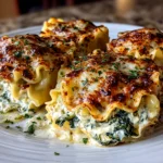Freshly prepared spinach artichoke lasagna rolls on a white plate
