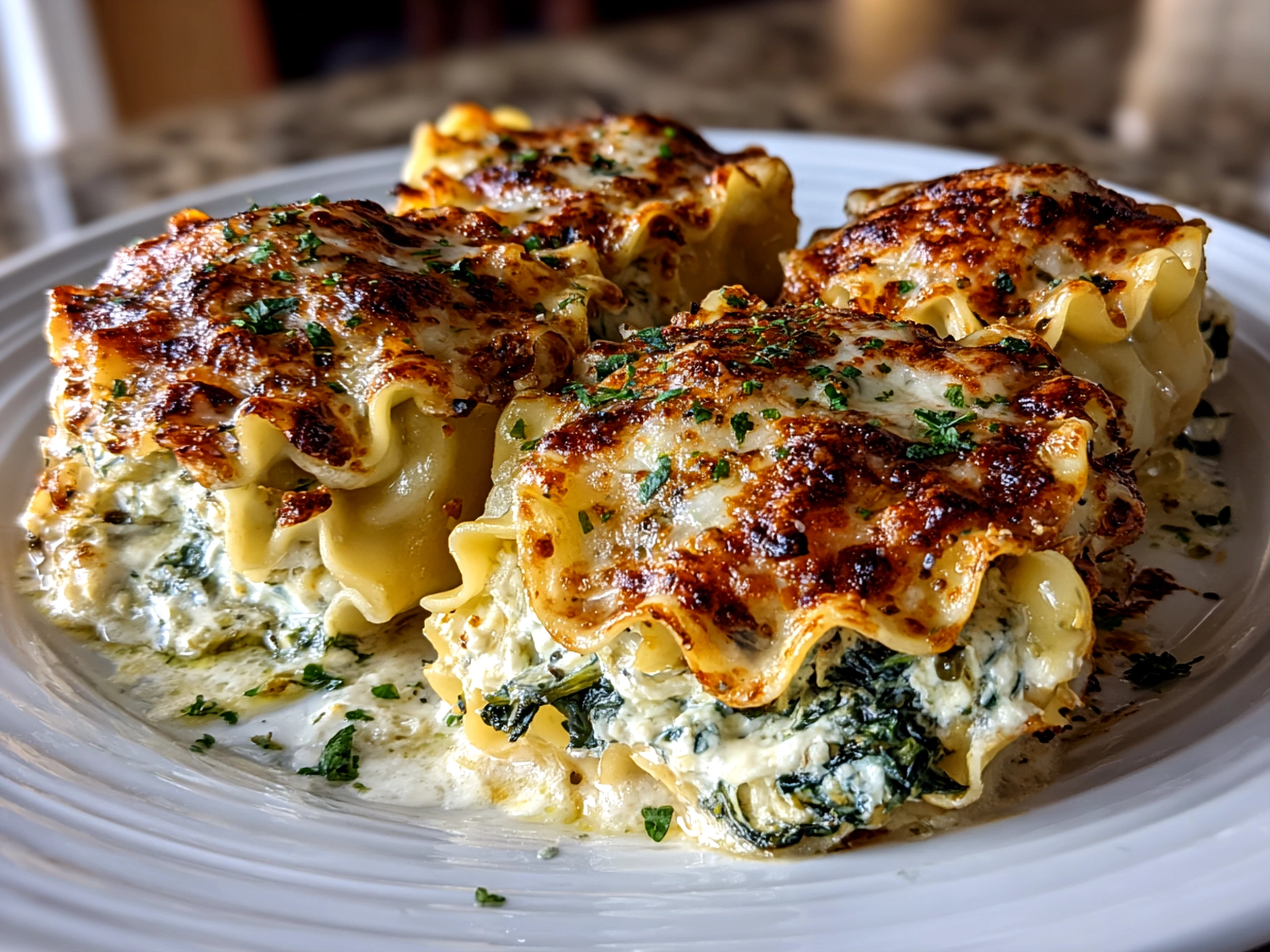 Freshly prepared spinach artichoke lasagna rolls on a white plate