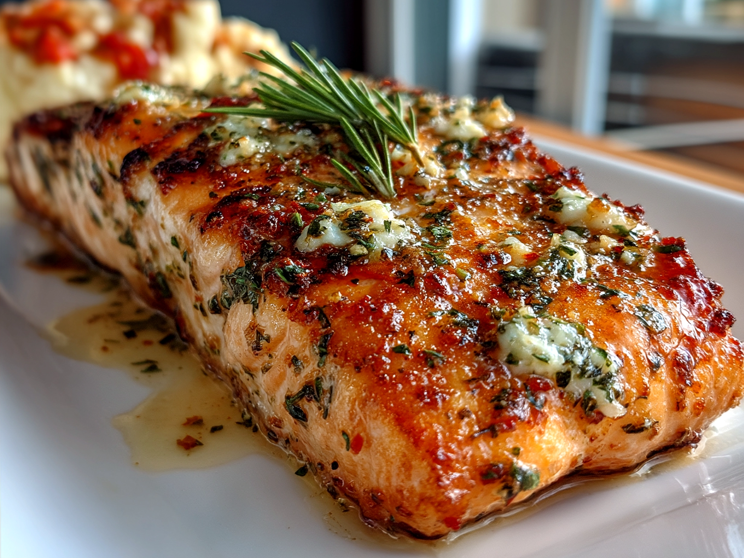 Plated Garlic Butter Salmon fillet garnished with lemon wedge and fresh herbs, ready to serve