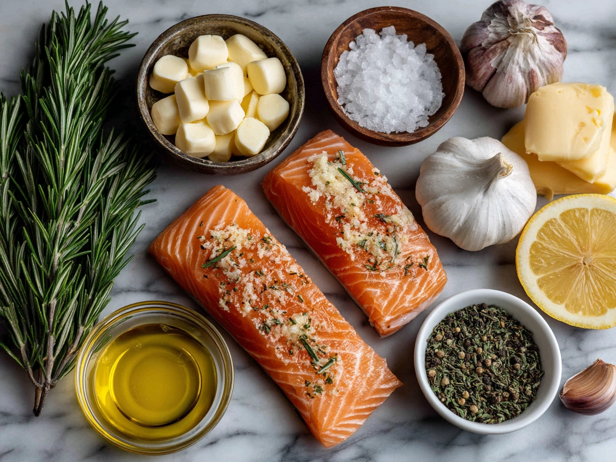 Ingredients laid out for Garlic Butter Salmon including salmon fillets, butter, garlic, lemon, parsley, salt, pepper, and olive oil