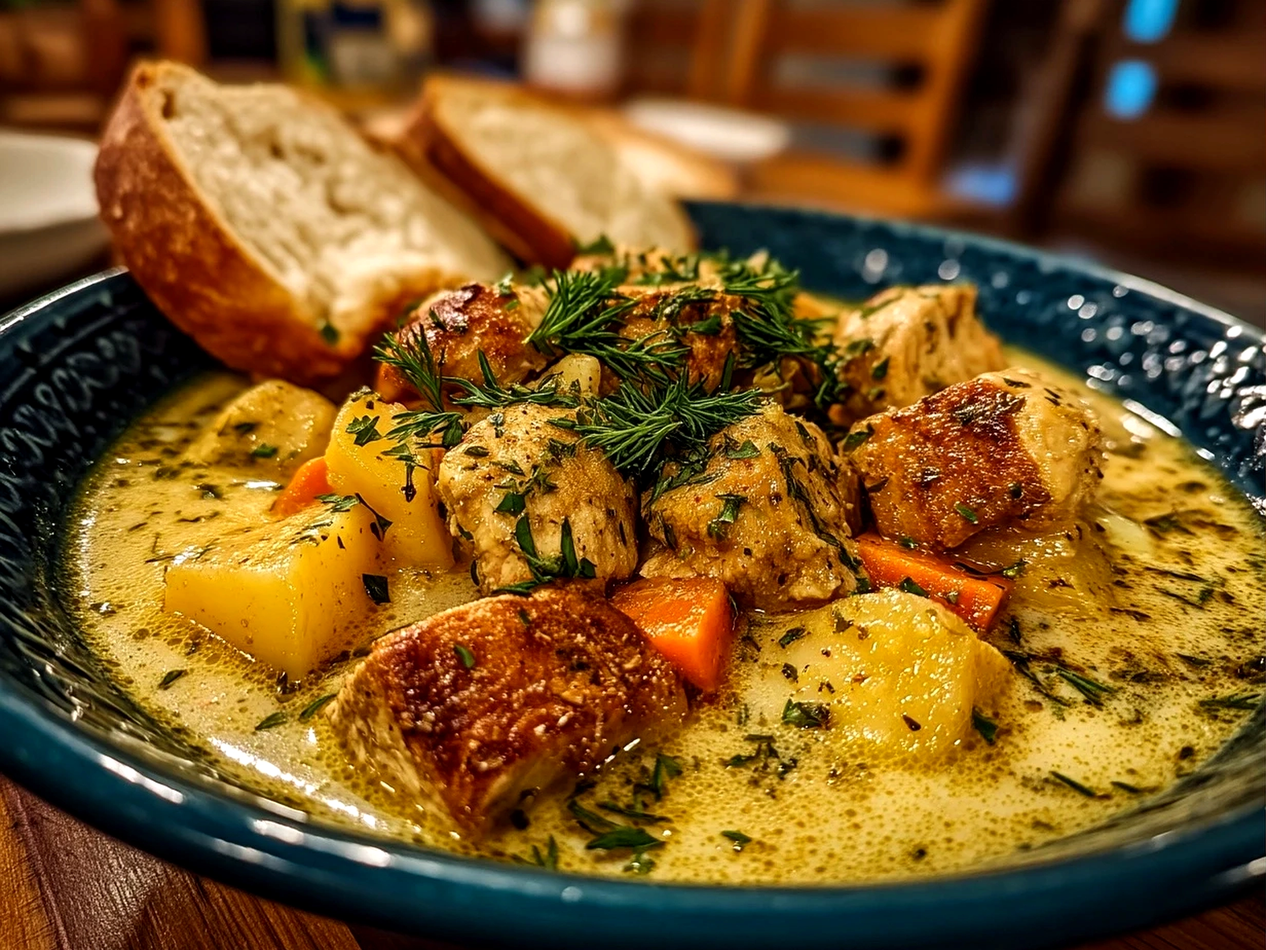 Serving of garlic parmesan chicken stew plated with fresh parsley garnish