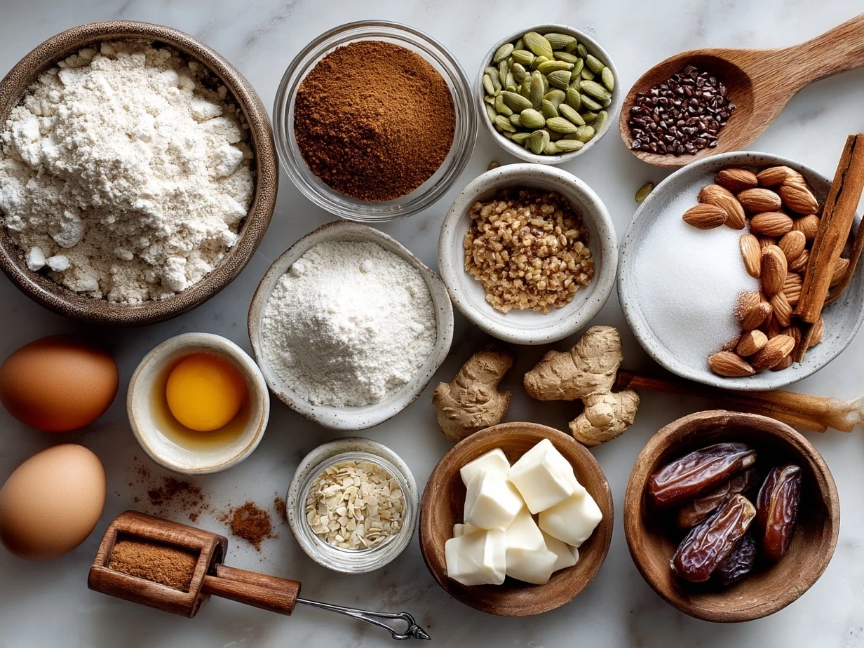 Ingredients for Gingerbread Protein Snacks including protein powder, molasses, almond butter, oats, and spices