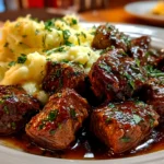 home cook, iPhone 14 Pro. Close-up slight angle of delicious Garlic Butter Beef Bites with Creamy Mashed Potatoes on white plate. rich inviting --ar 4:3 --style raw --s 240