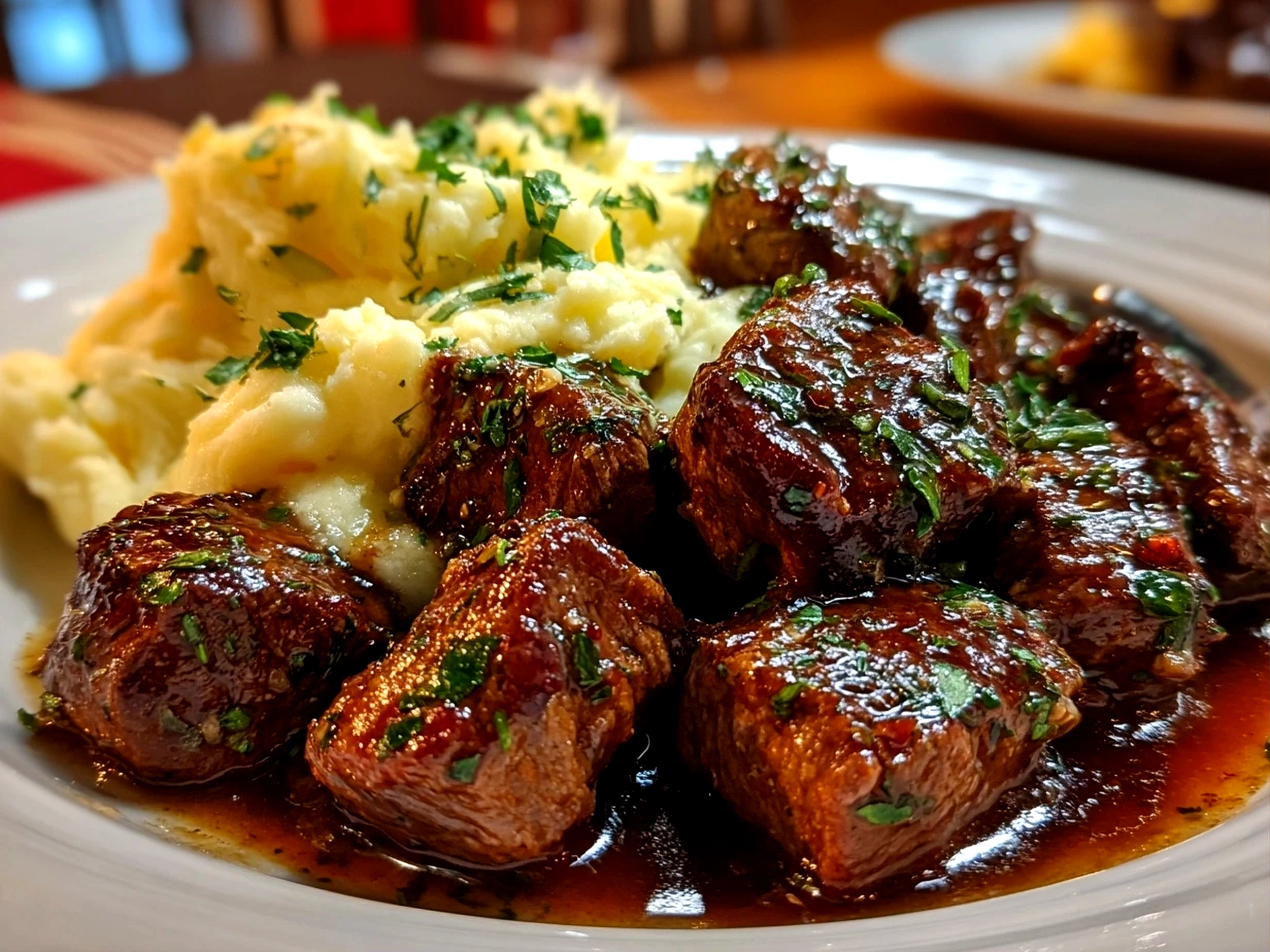 home cook, iPhone 14 Pro. Close-up slight angle of delicious Garlic Butter Beef Bites with Creamy Mashed Potatoes on white plate. rich inviting --ar 4:3 --style raw --s 240