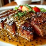 Home cook, iPhone 14. Close-up slight angle of delicious steak with peppercorn sauce on white plate. Mouthwatering --ar 4:3 --style raw --s 240