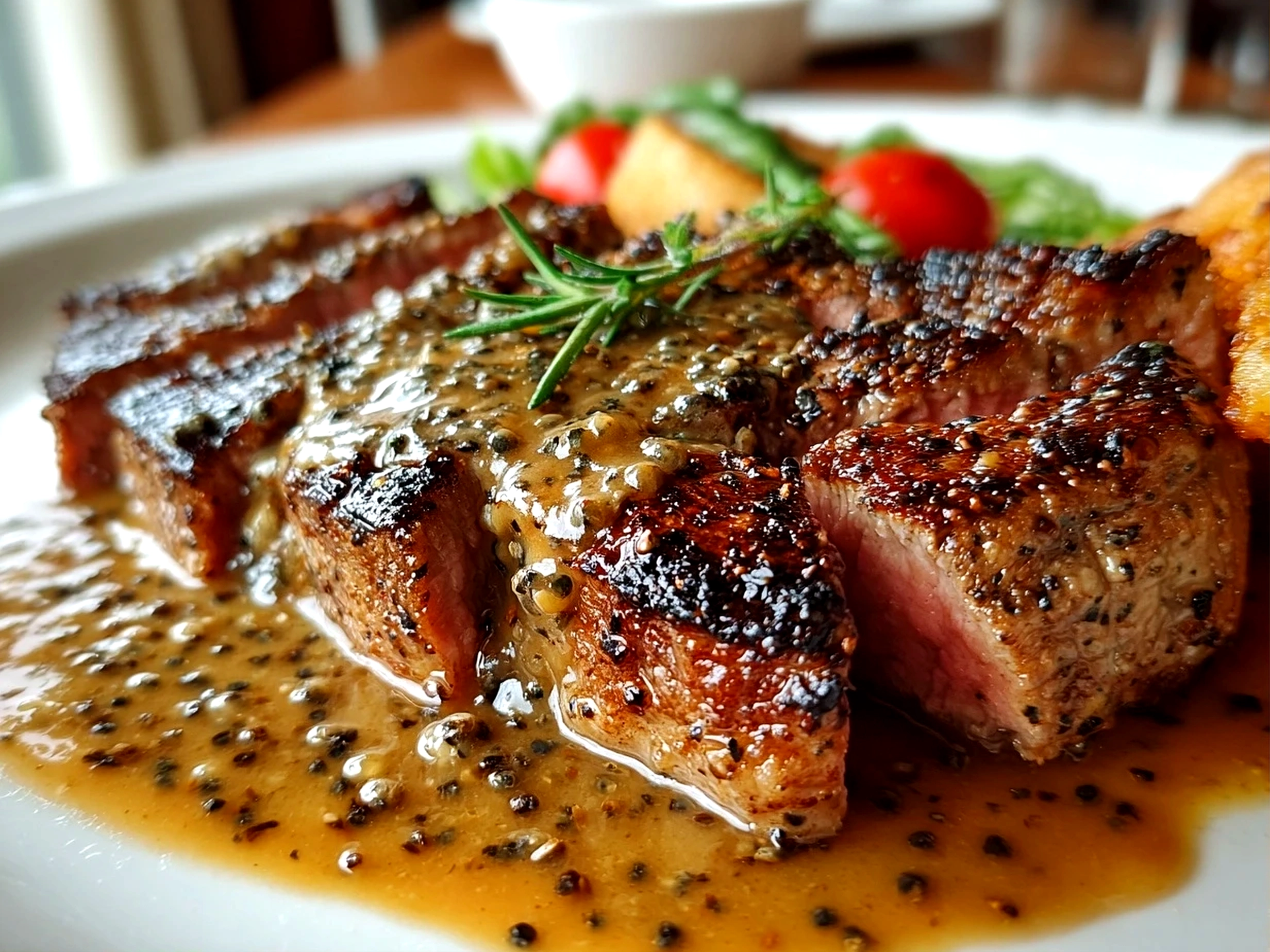 Home cook, iPhone 14. Close-up slight angle of delicious steak with peppercorn sauce on white plate. Mouthwatering --ar 4:3 --style raw --s 240