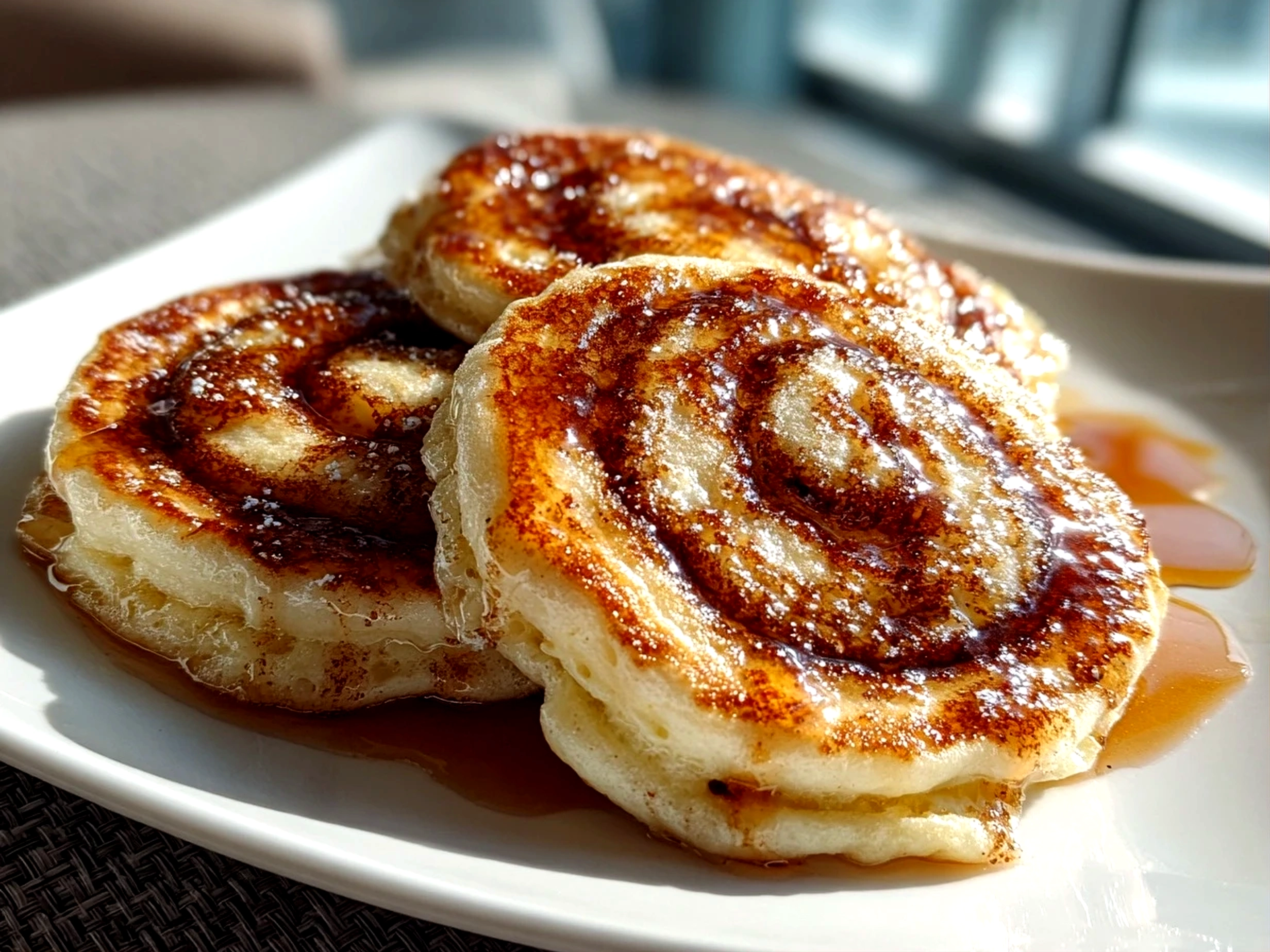 home cook, iPhone 14. Close-up slight angle of freshly prepared cinnamon roll pancakes on white plate. rich inviting --ar 4:3 --style raw --s 245
