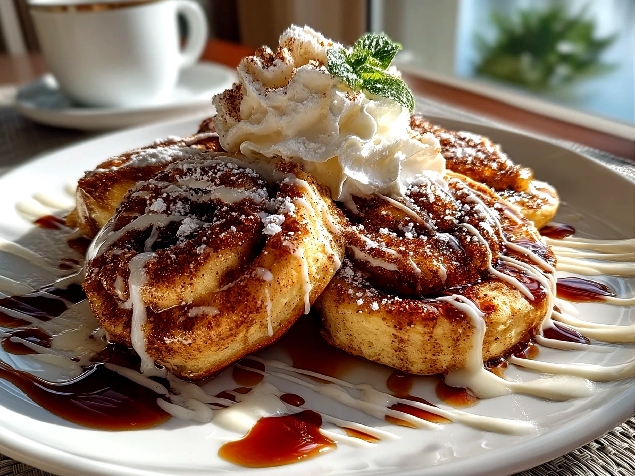 Close up of a stack of comforting cinnamon roll pancakes on a plate with cream cheese glaze