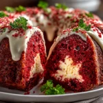 Home cook, iPhone 15 Pro. Close-up slight angle of delicious Red Velvet Cream Cheese Bundt Cake on white plate. Fresh vibrant --ar 4:3 --style raw --s 245