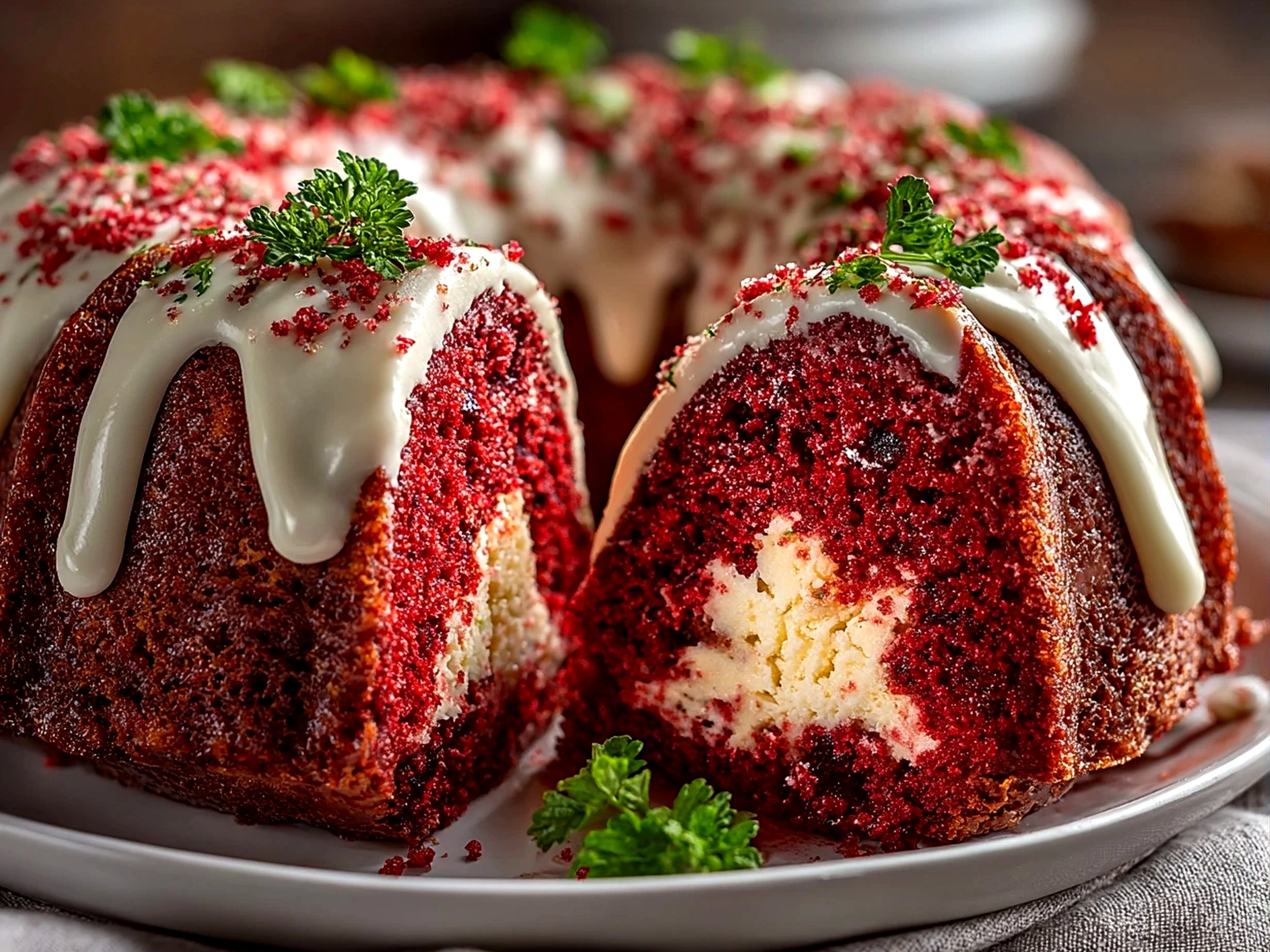 Home cook, iPhone 15 Pro. Close-up slight angle of delicious Red Velvet Cream Cheese Bundt Cake on white plate. Fresh vibrant --ar 4:3 --style raw --s 245