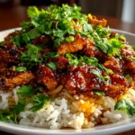 Home cook, iPhone 15. Close-up slight angle of freshly prepared Honey Sriracha Chicken Rice Bowls on white plate. Mouthwatering --ar 4:3 --style raw --s 258