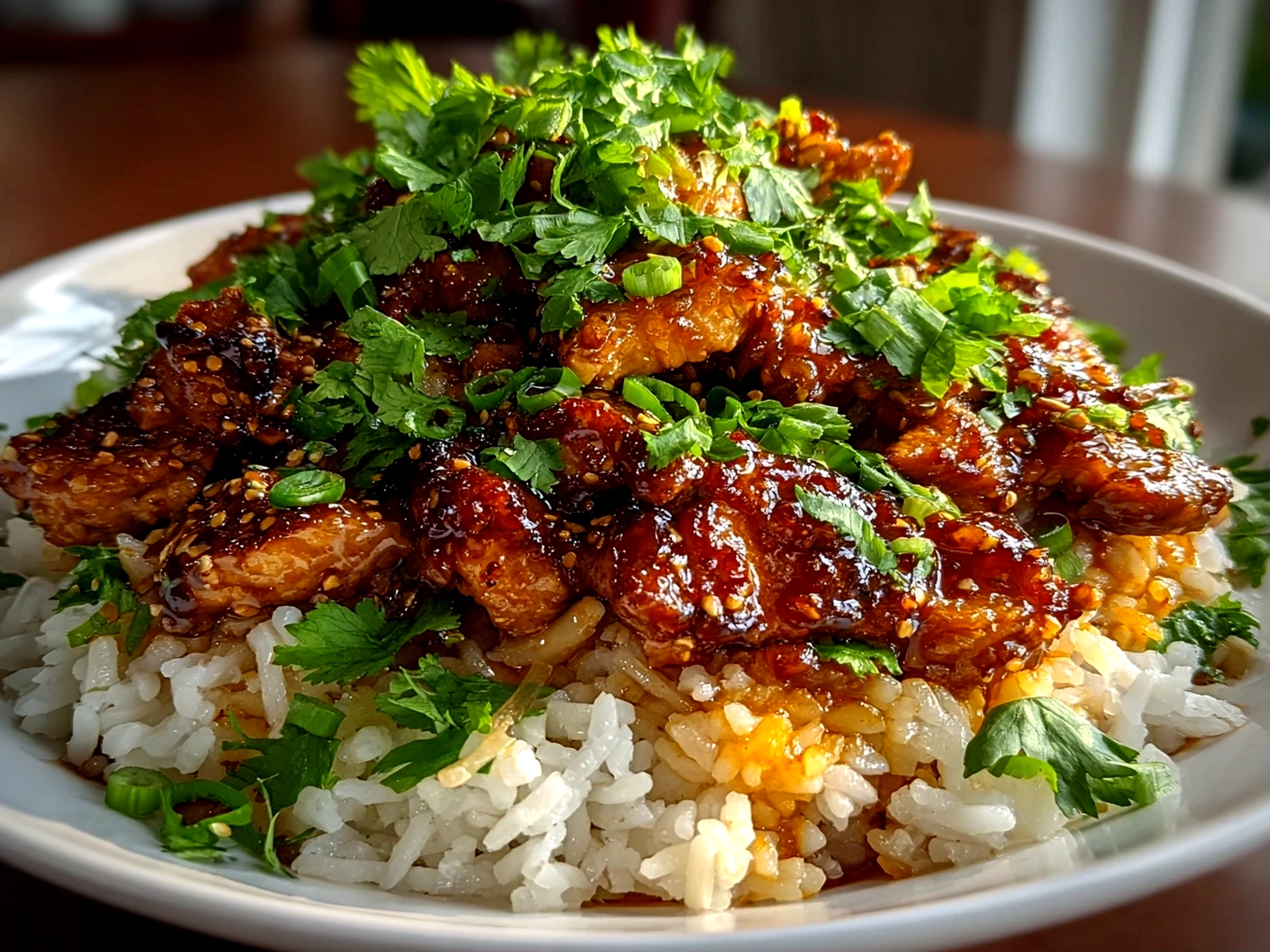 Home cook, iPhone 15. Close-up slight angle of freshly prepared Honey Sriracha Chicken Rice Bowls on white plate. Mouthwatering --ar 4:3 --style raw --s 258
