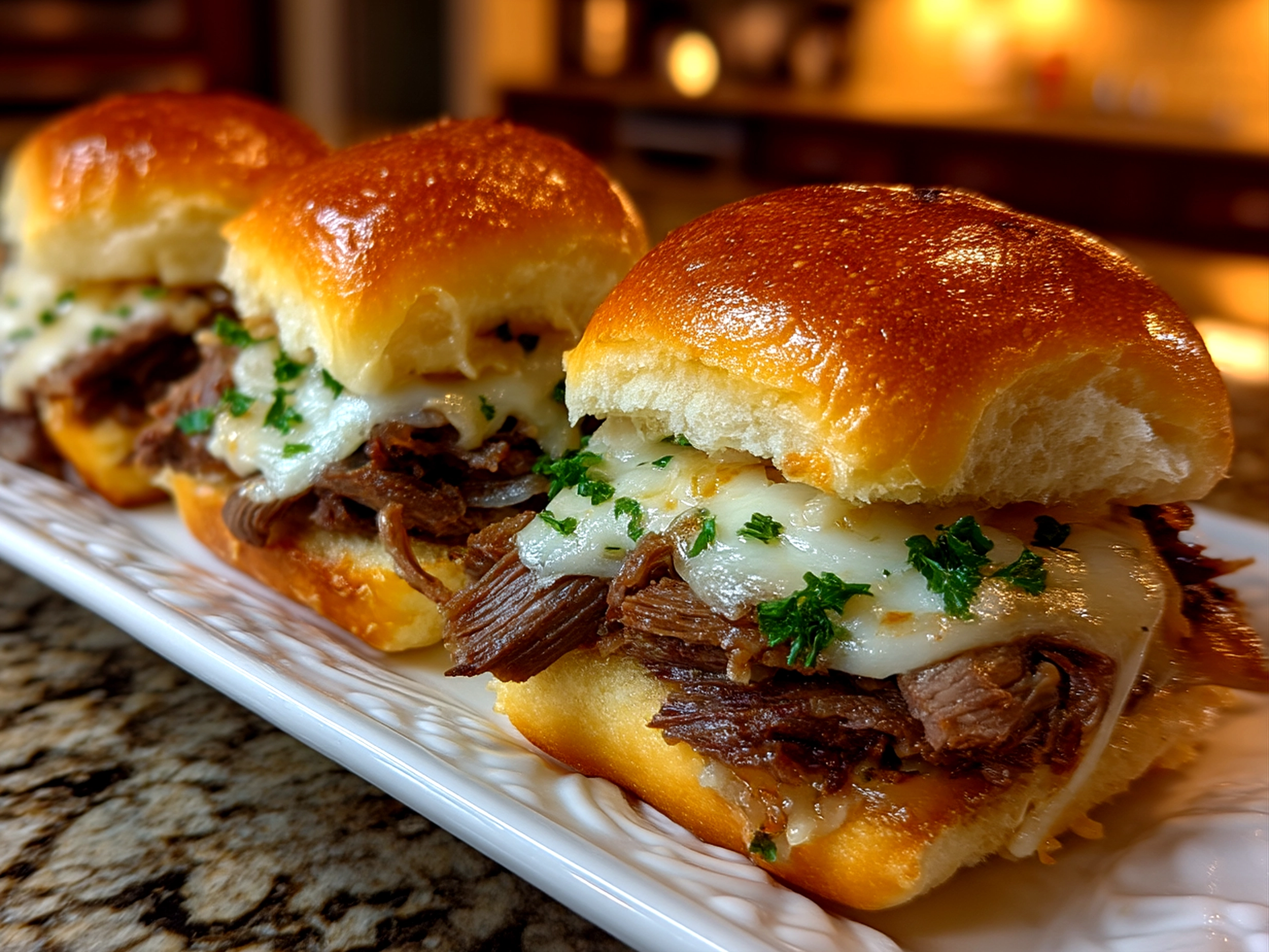 Close up of finished comforting Loaded Philly Cheesesteak Sliders served on a rustic table