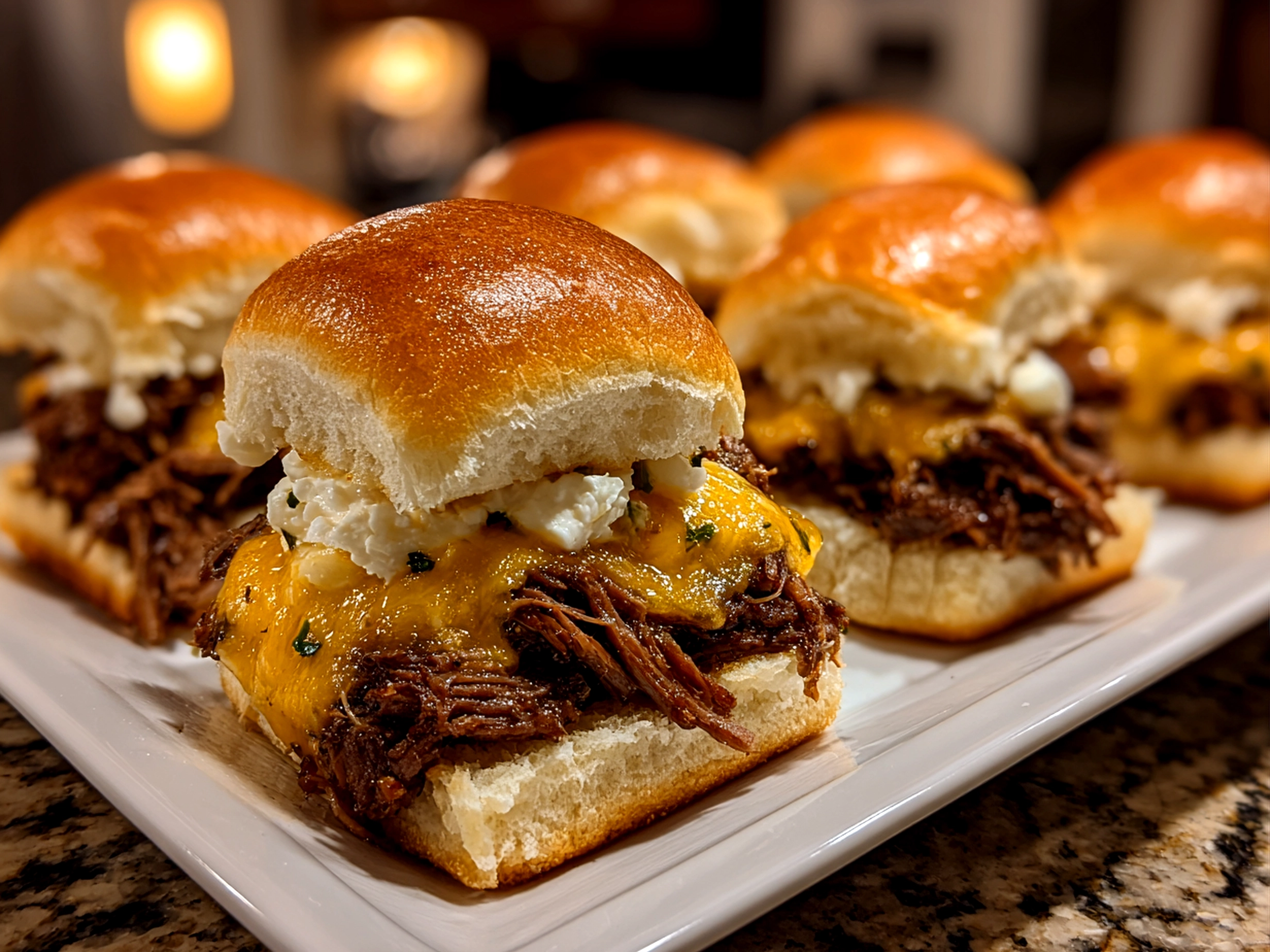 Home Cook, taken with iPhone 15 Pro. Close-up slight angle of freshly prepared Loaded Philly Cheesesteak Sliders on white plate. Rich inviting --ar 4:3 --style raw --s 230