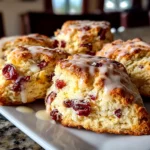 Home cooks, taken with iPhone 15 Pro. Close-up slight angle of freshly prepared Cranberry Orange Scones on white plate. Warm appetizing --ar 4:3 --style raw --s 230