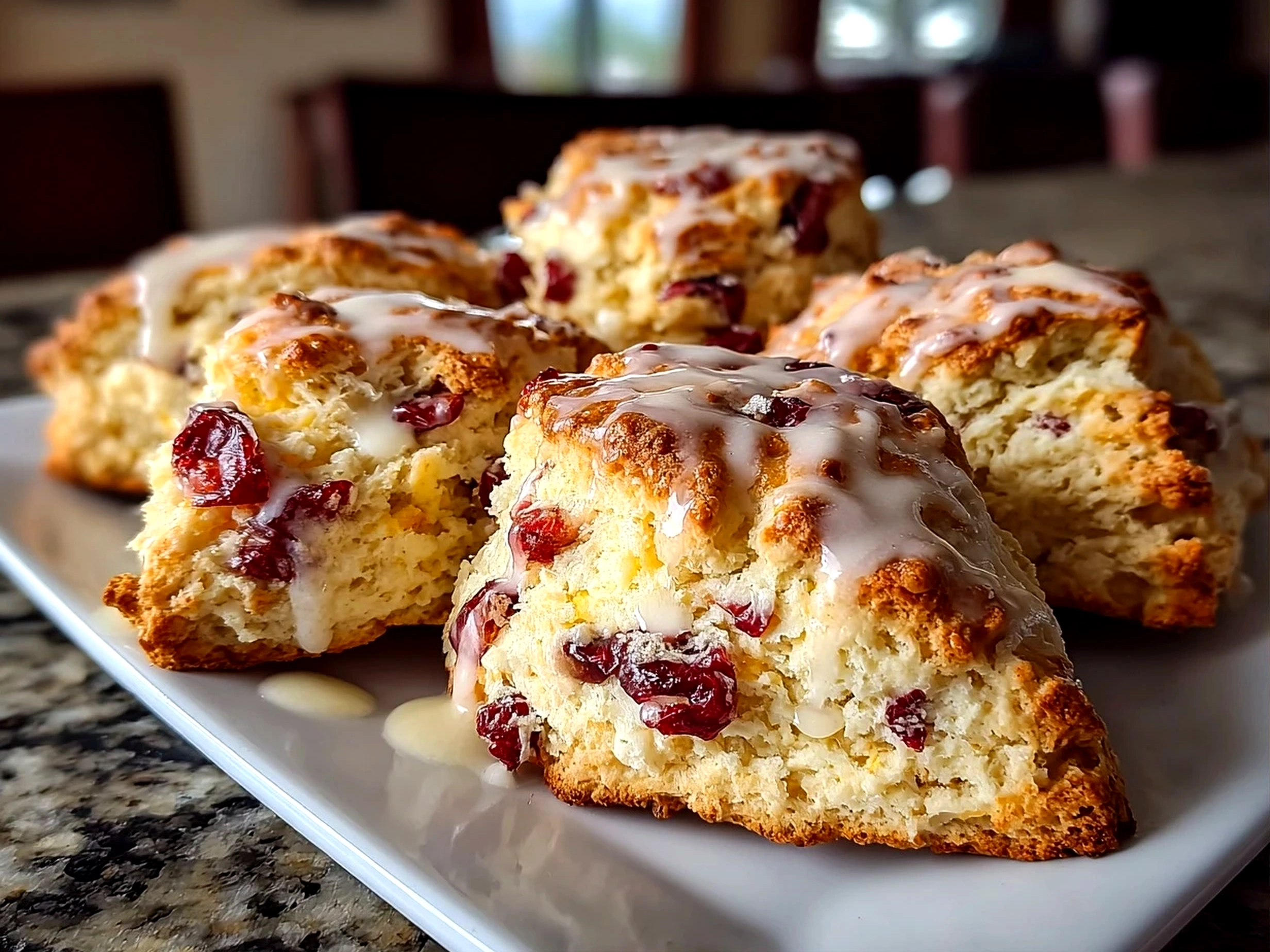 Home cooks, taken with iPhone 15 Pro. Close-up slight angle of freshly prepared Cranberry Orange Scones on white plate. Warm appetizing --ar 4:3 --style raw --s 230