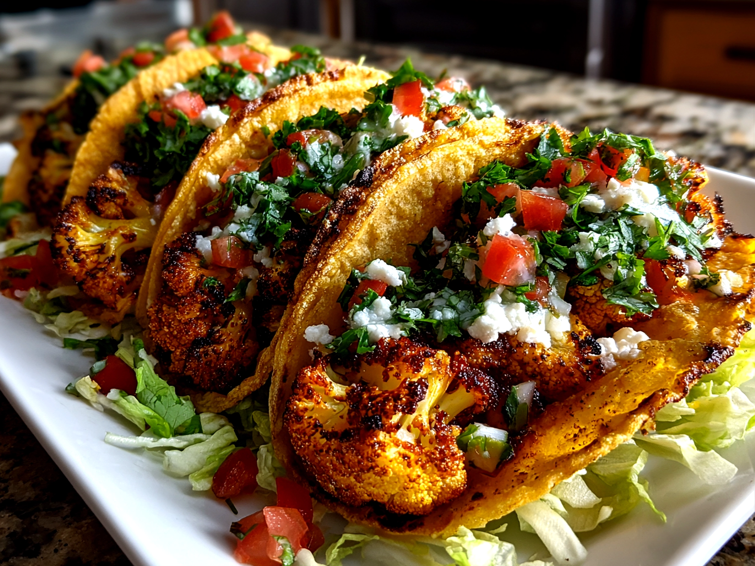 home cooks, taken with iPhone 15. Close-up slight angle of delicious roasted cauliflower tacos on white plate. fresh vibrant --ar 4:3 --style raw --s 230