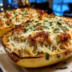 Homemade Spaghetti Squash Alfredo Boats on white plate