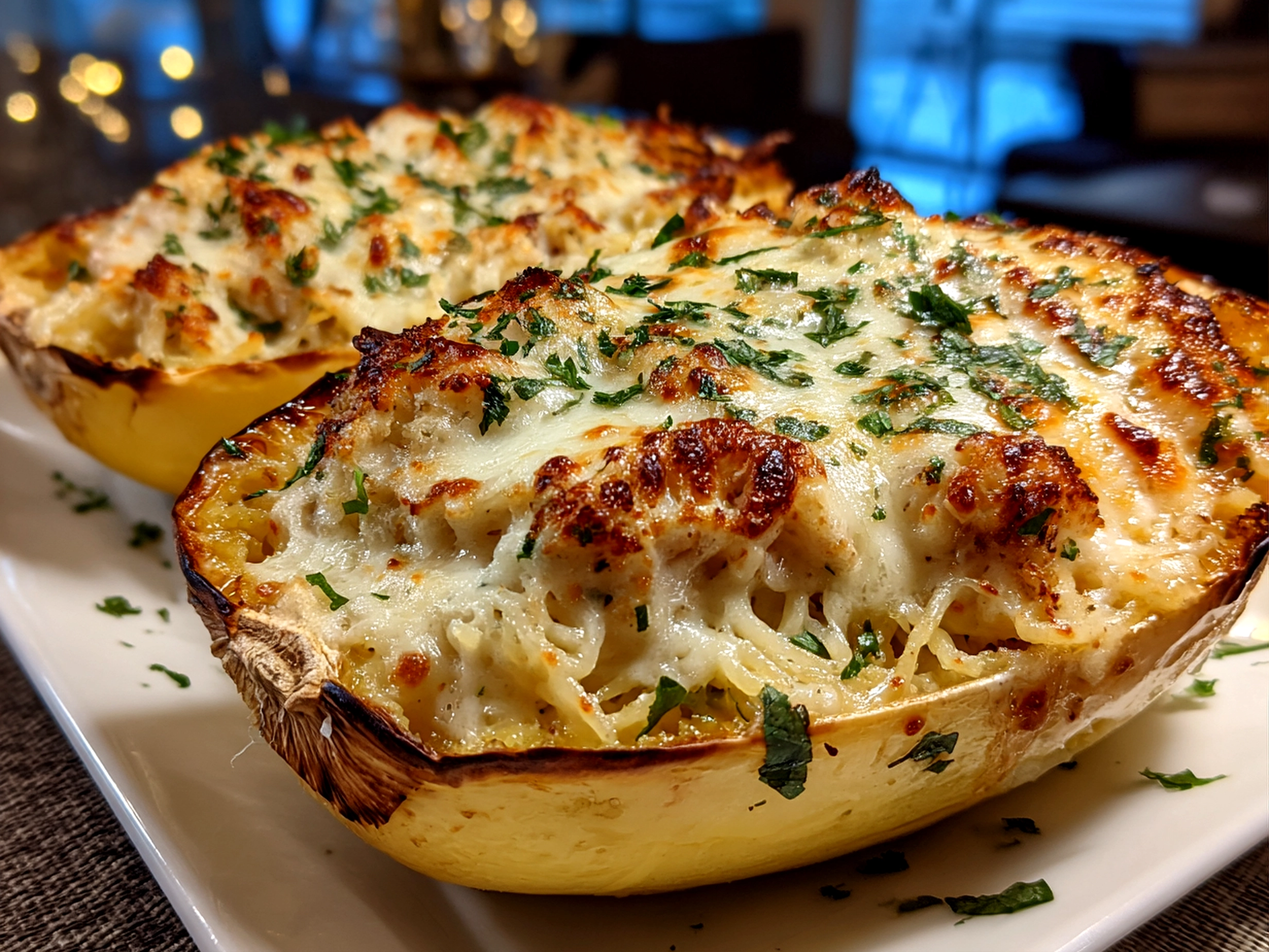 Homemade Spaghetti Squash Alfredo Boats on white plate
