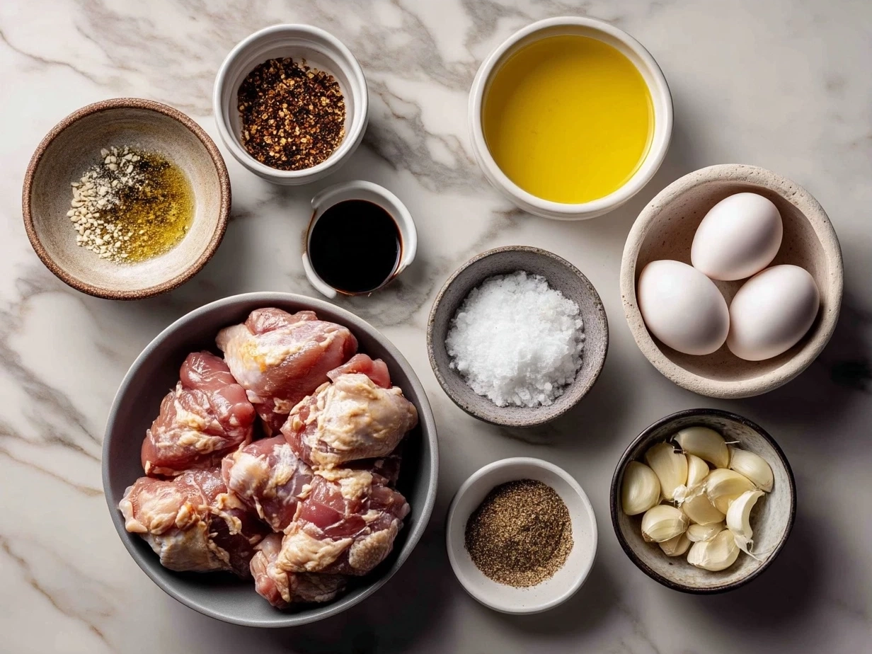 Ingredients laid out for Honey Garlic Chicken Thighs recipe, including chicken thighs, garlic, honey, and butter