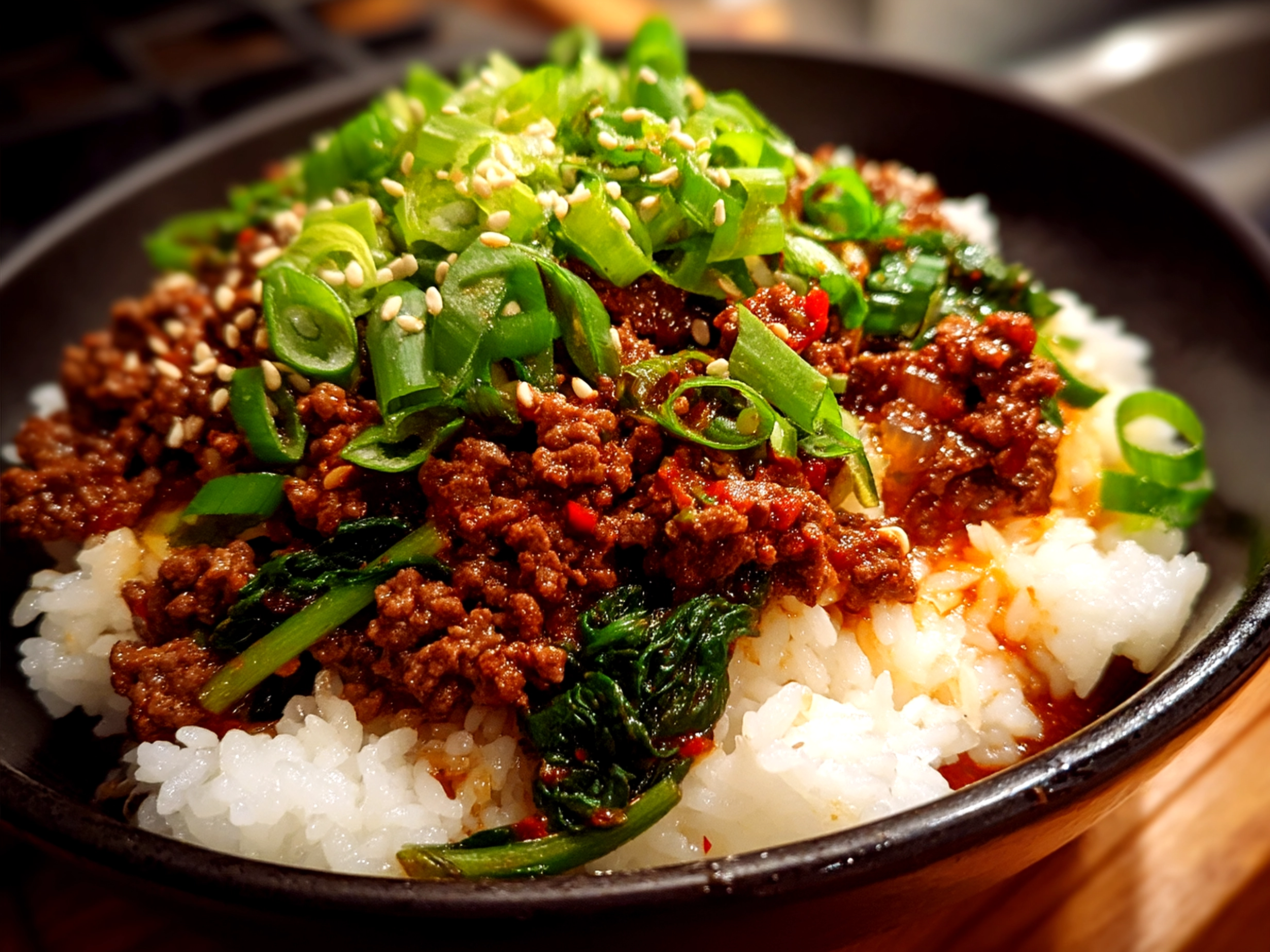 Served Korean Ground Beef dish with rice and vegetables