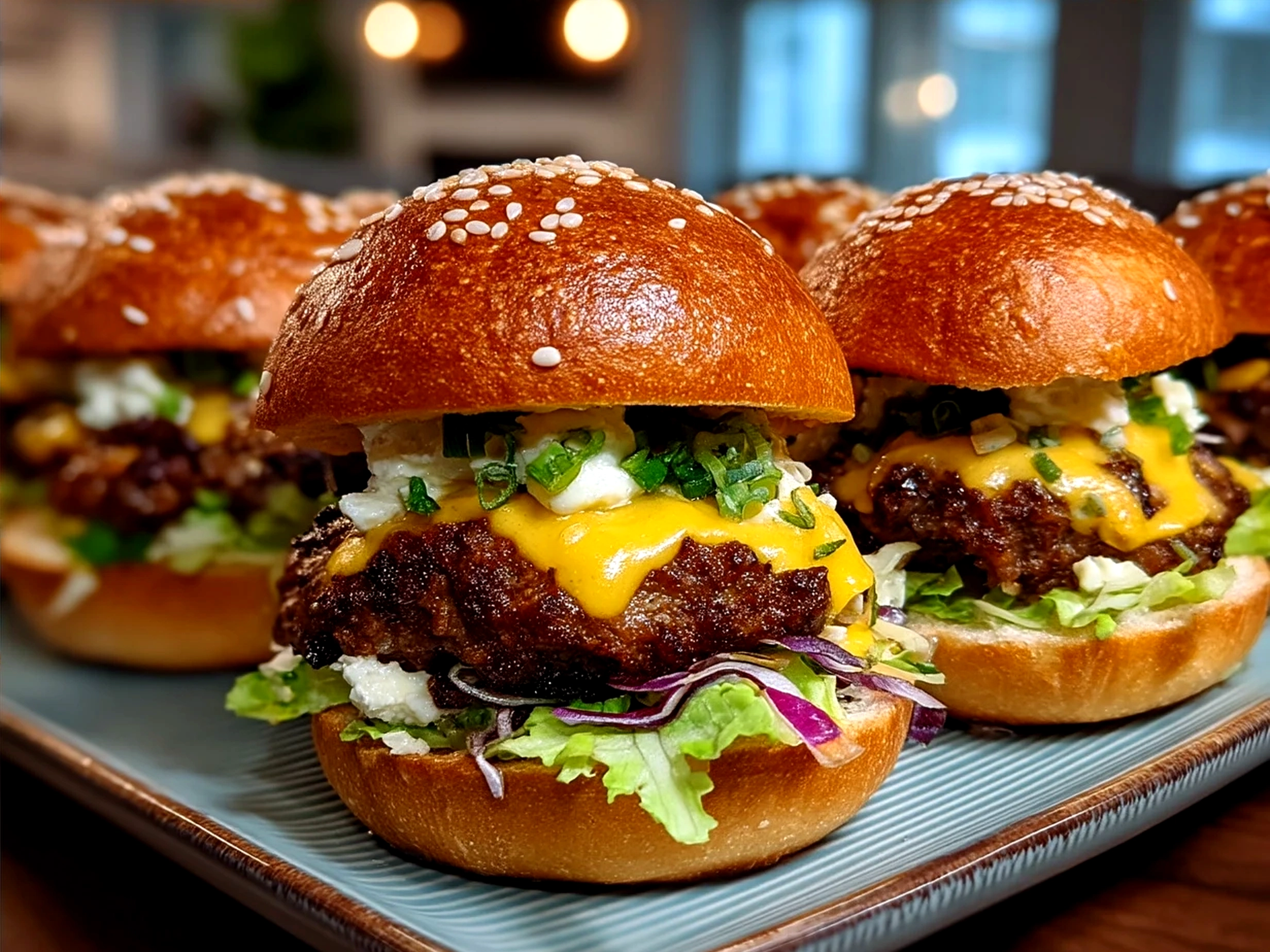 Loaded Big Mac Sliders stacked on a wooden serving board garnished with pickles and onions