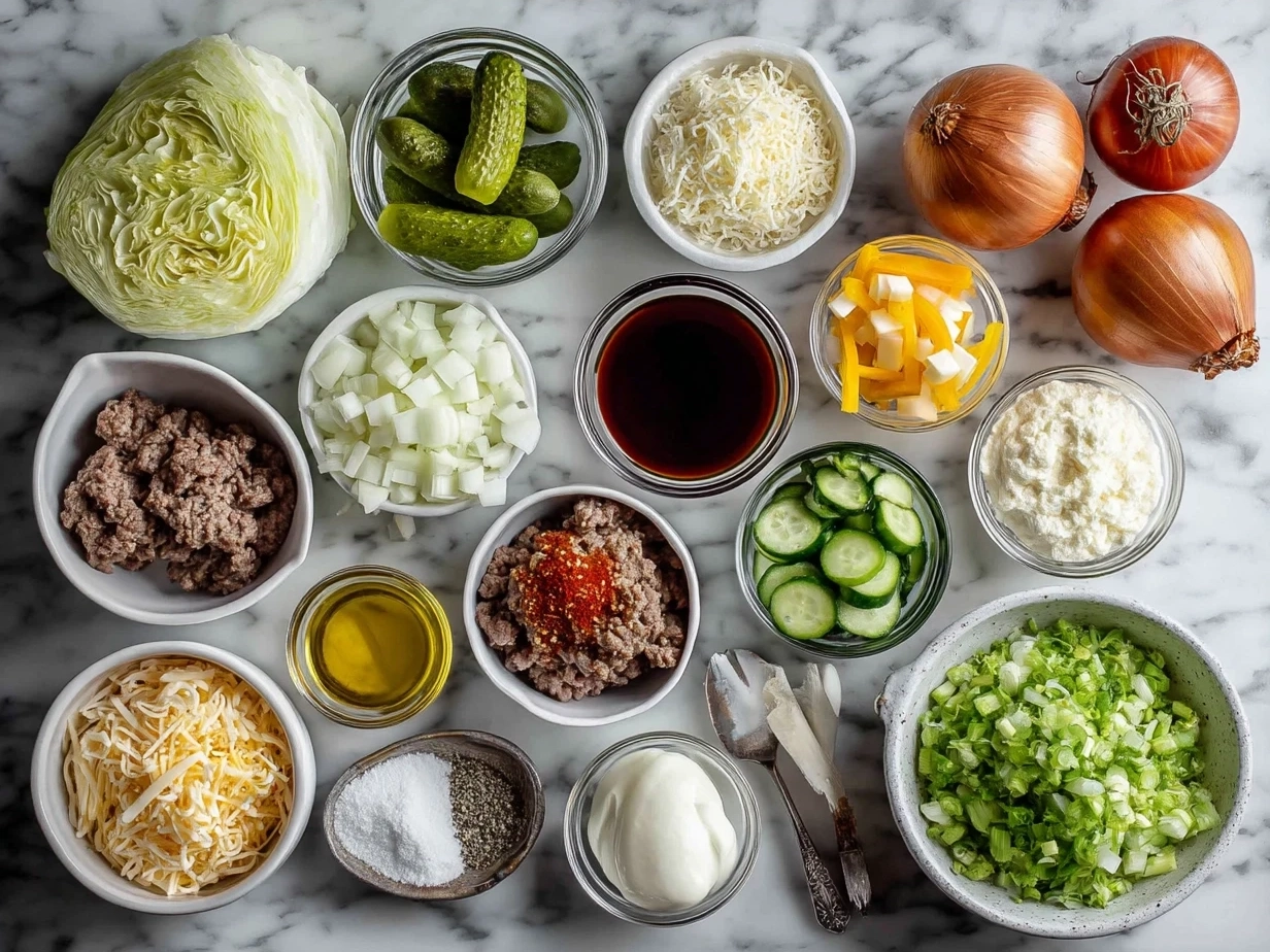 Ingredients for Loaded Big Mac Sliders laid out on a wooden table with fresh beef and buns